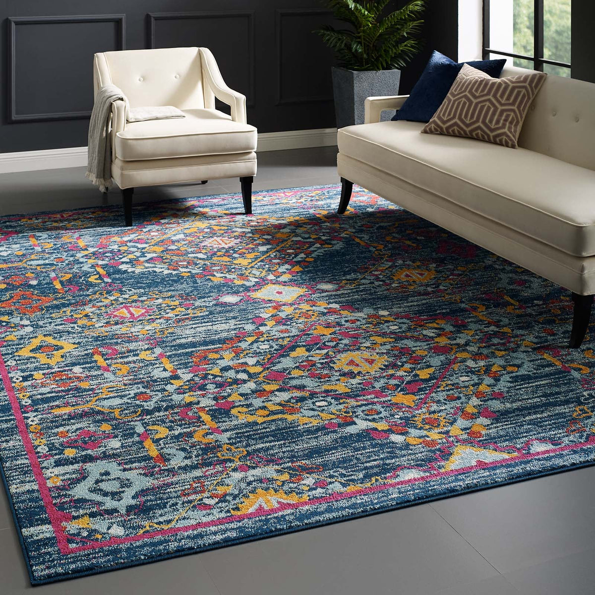 Entourage Khalida Distressed Floral Lattice Area Rug, 8x10, Blue Orange Yellow Red - view 8