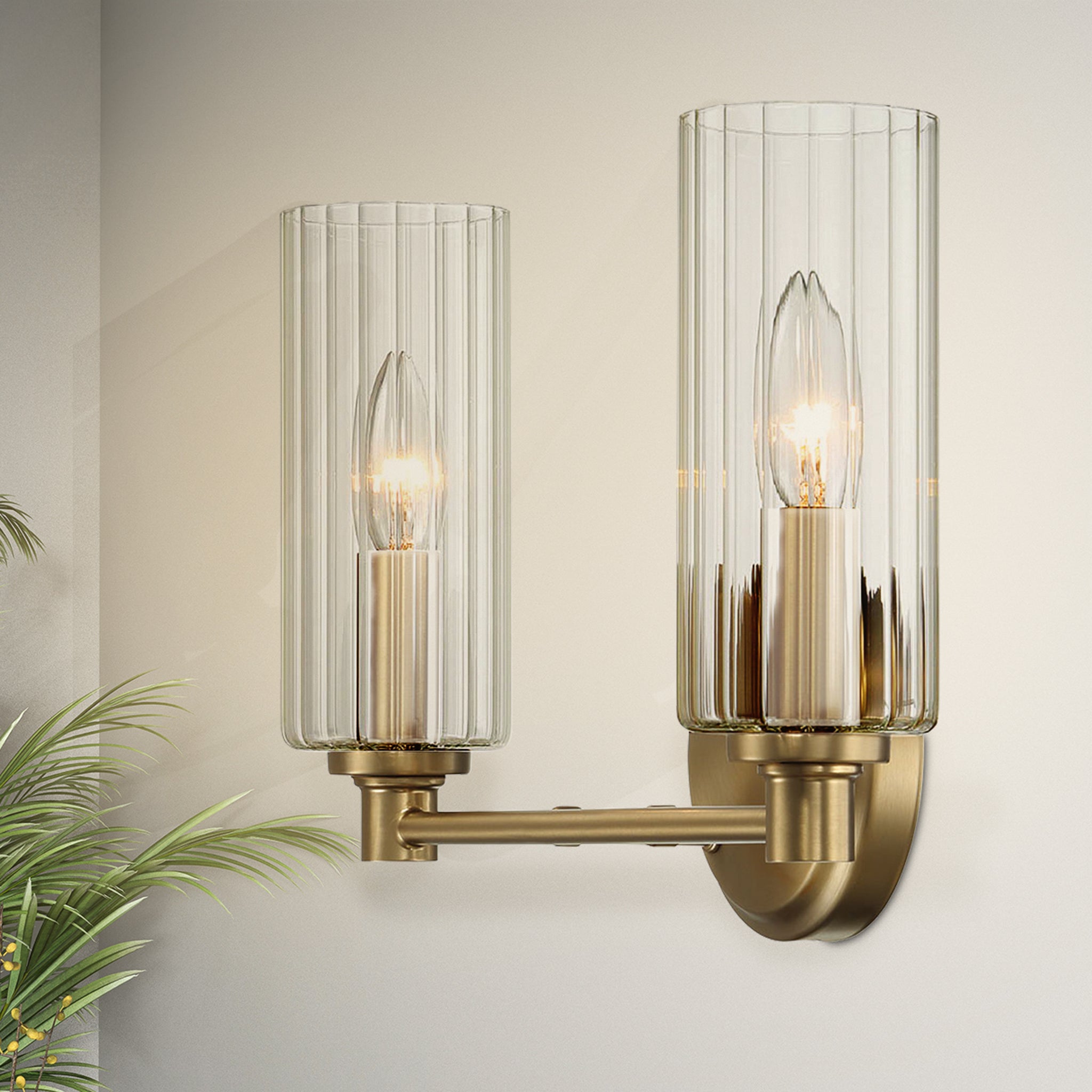 Symphony Double Light Vanity With Clear Ribbed Glass - Satin Brass Wall Lamp