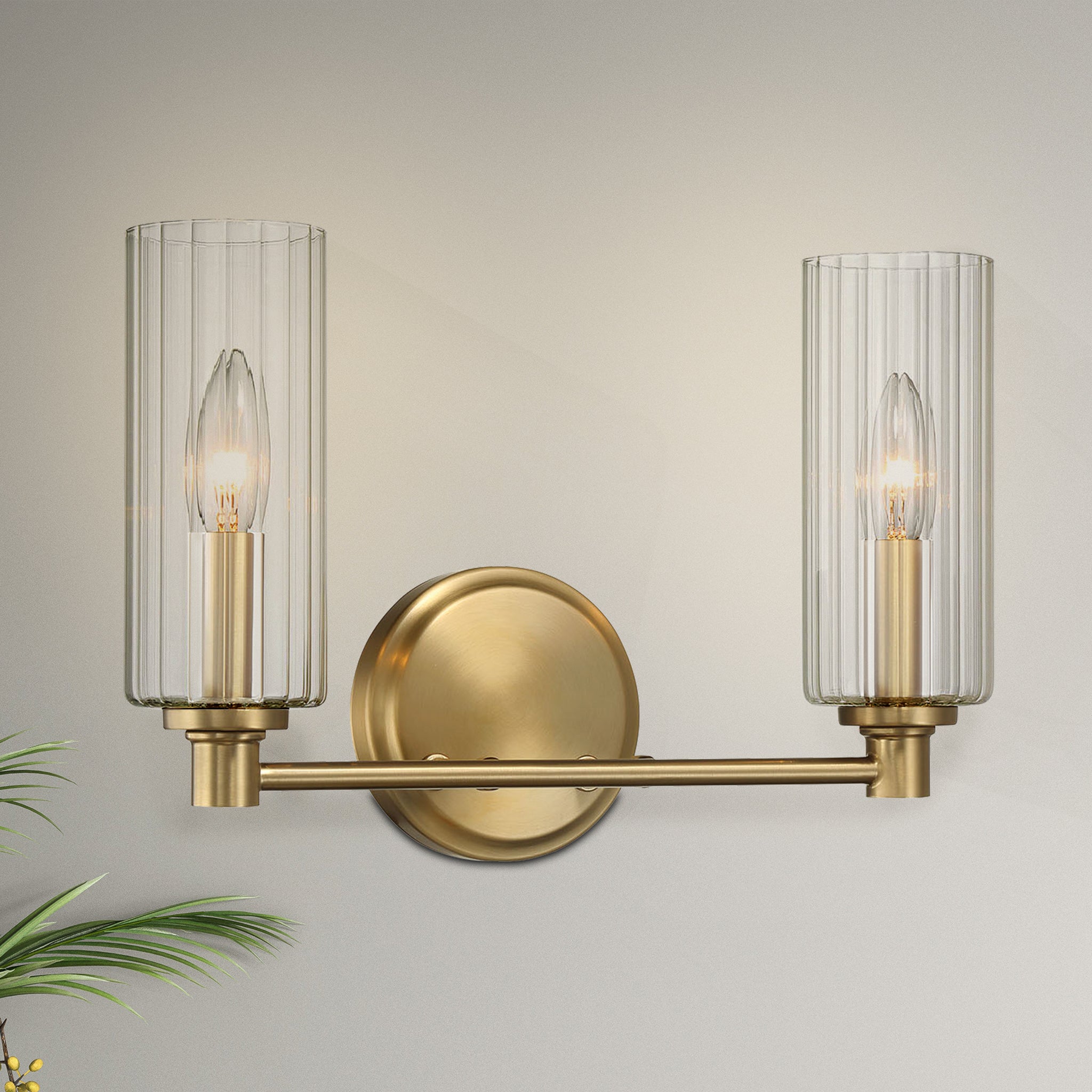 Symphony Double Light Vanity With Clear Ribbed Glass - Satin Brass Wall Lamp