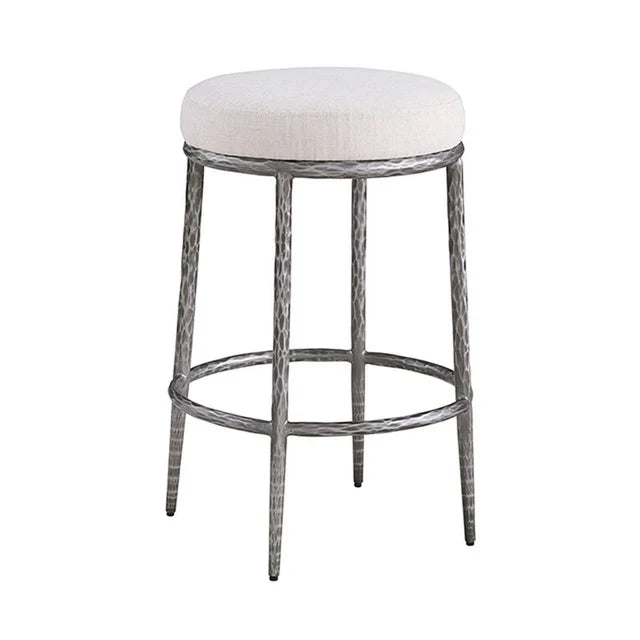 Rilva Contemporary Gunmetal 26.5-Inch Backless Round Counter Height Stool with Linen White Fabric