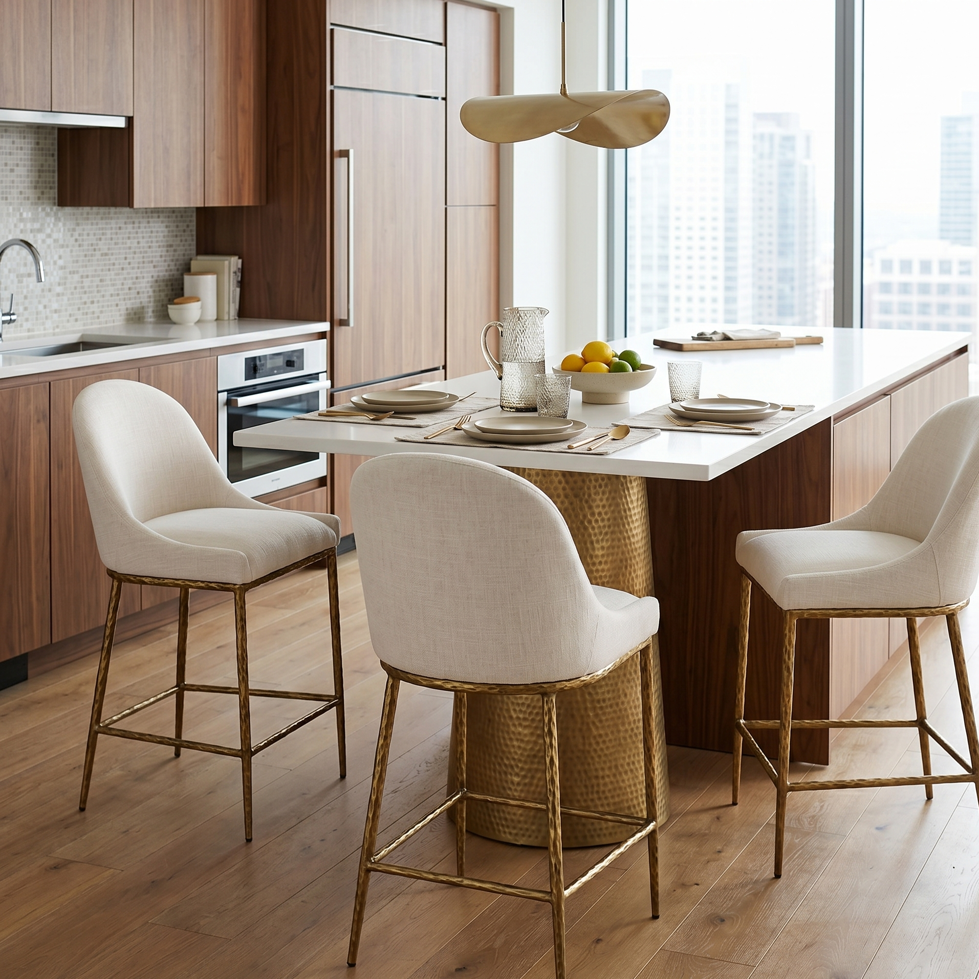 Rilva Contemporary Matte Gold Counter Height Stool with Linen White Fabric