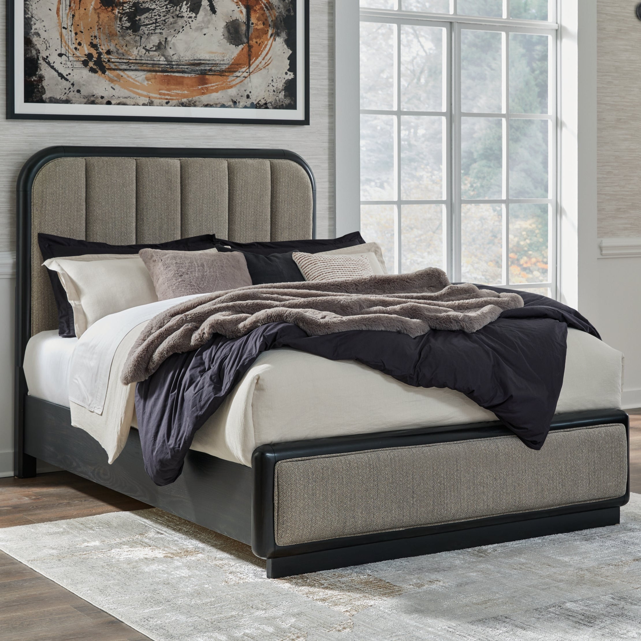 Rowanbeck Queen Upholstered Panel Bed with Mirrored Dresser