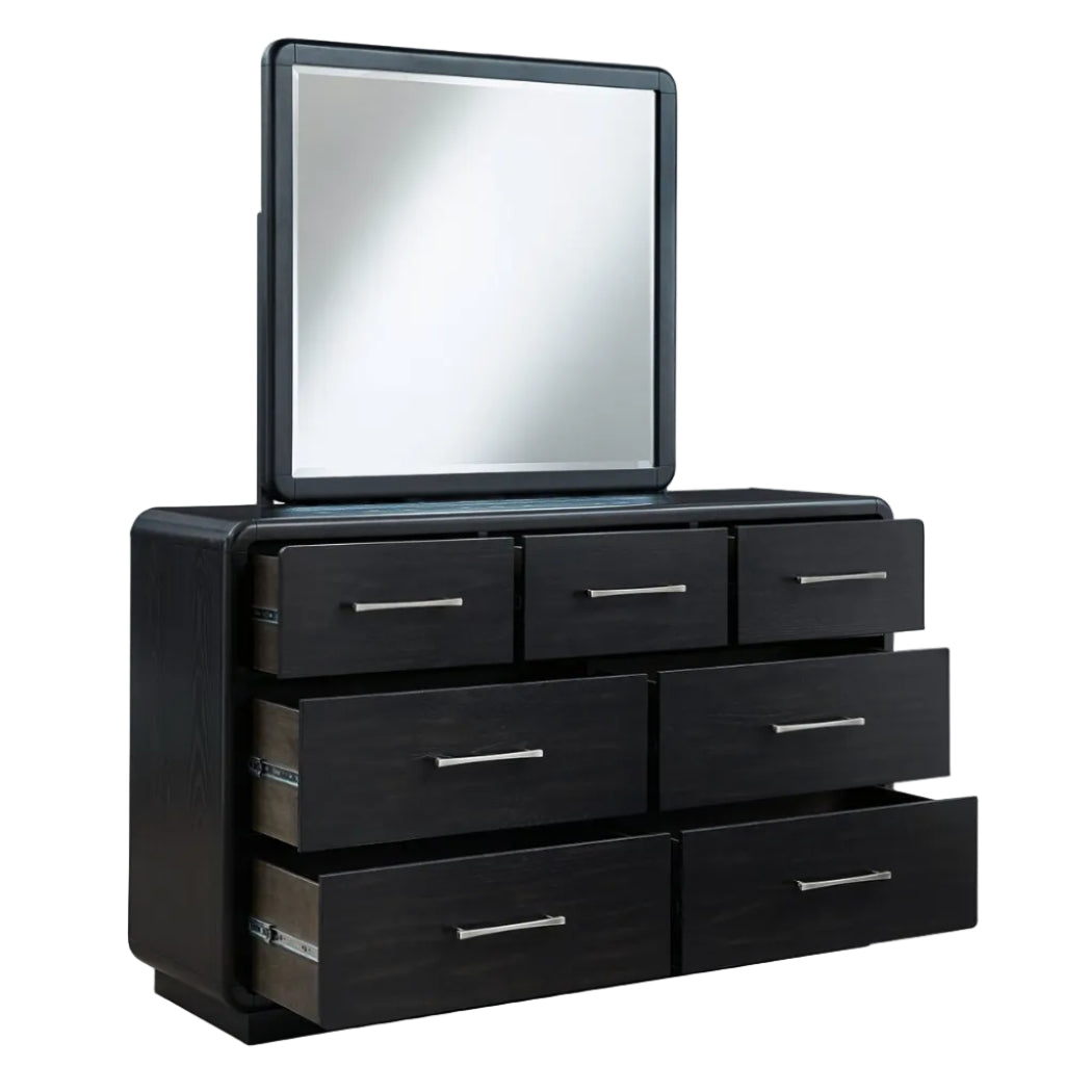 Rowanbeck Queen Upholstered Panel Bed with Mirrored Dresser
