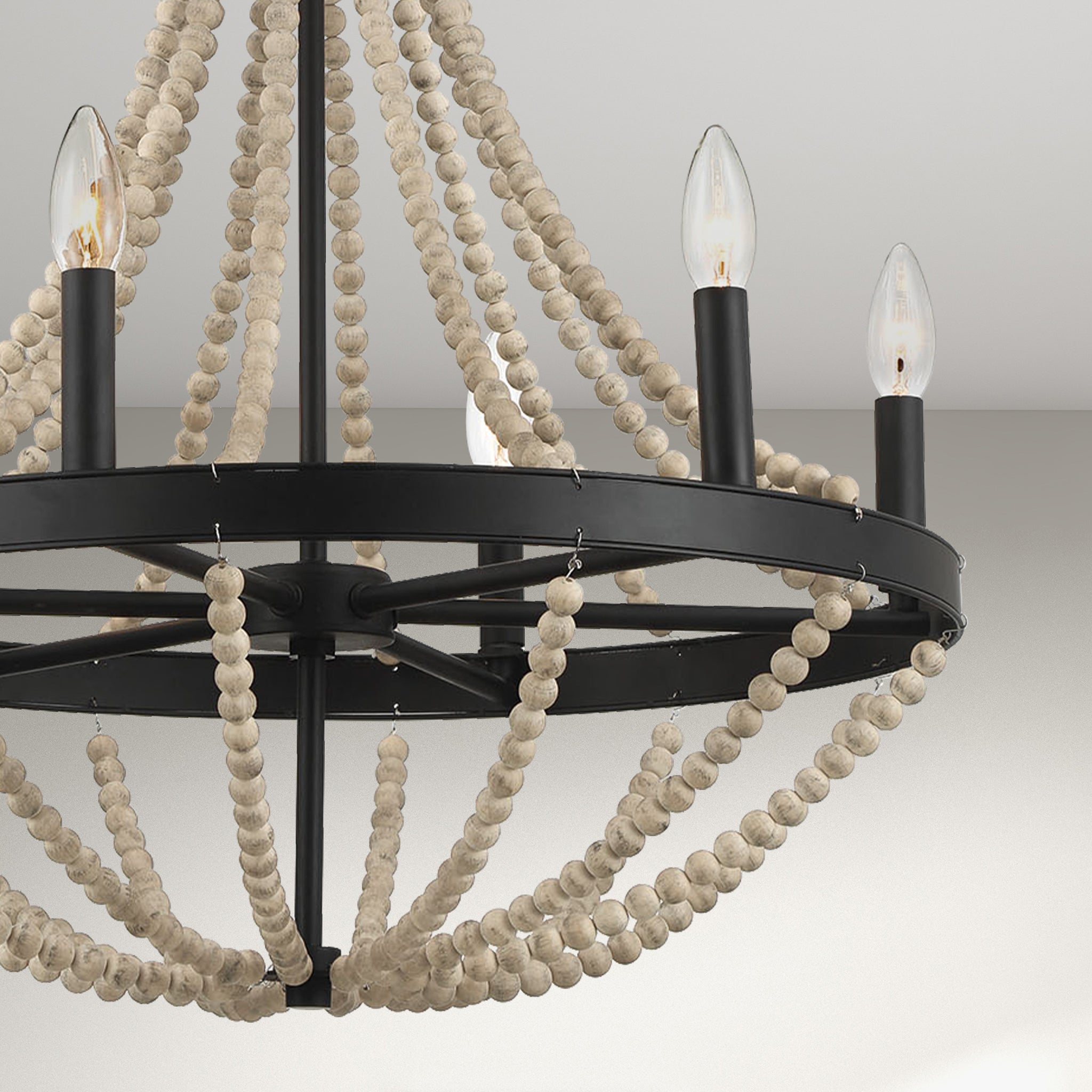 Devonshire Wood Chandelier Farmhouse Six Candle Light Wood Beaded Black Pendant Light for Dining Room