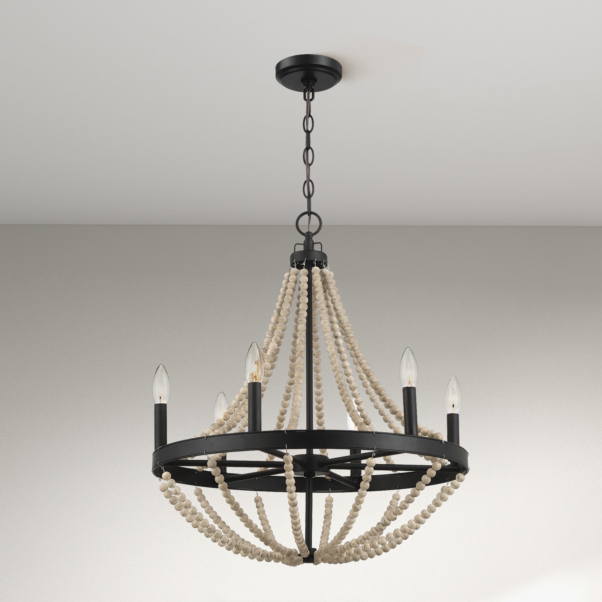 Devonshire Wood Chandelier Farmhouse Six Candle Light Wood Beaded Black Pendant Light for Dining Room