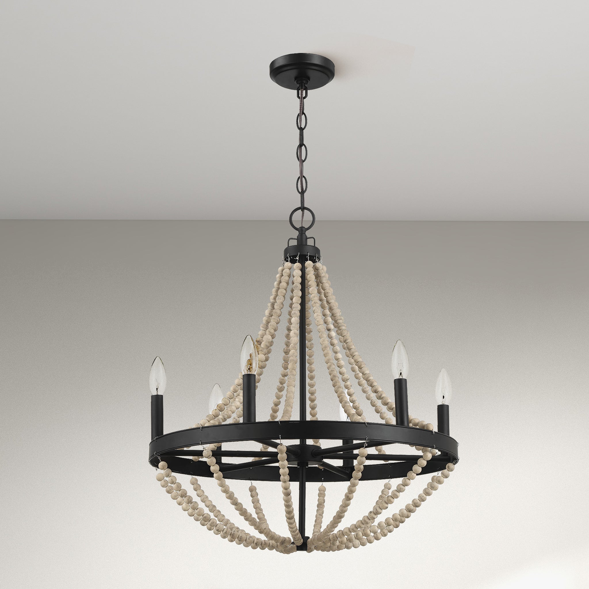 Devonshire Wood Chandelier Farmhouse Six Candle Light Wood Beaded Black Pendant Light for Dining Room