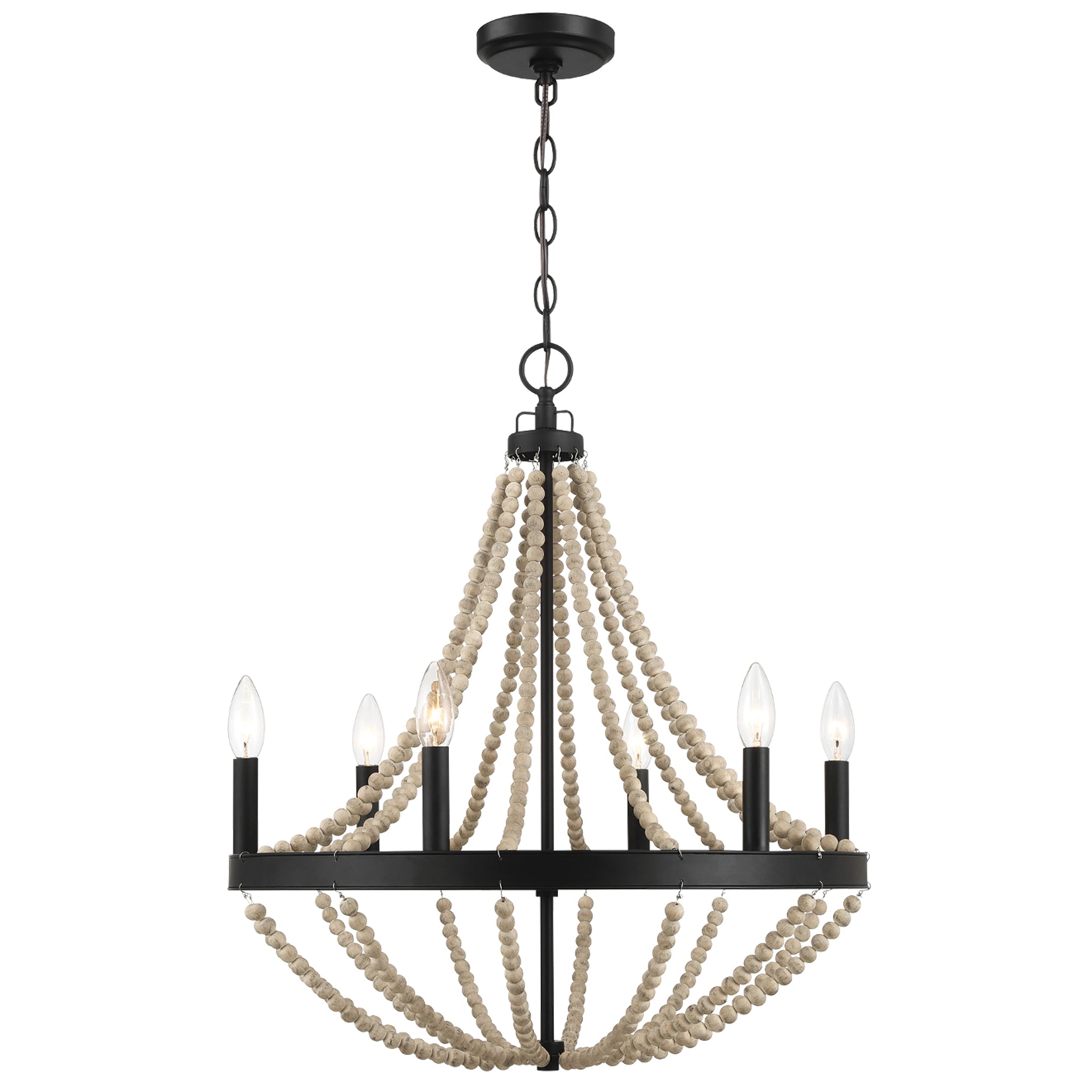 Devonshire Wood Chandelier Farmhouse Six Candle Light Wood Beaded Black Pendant Light for Dining Room