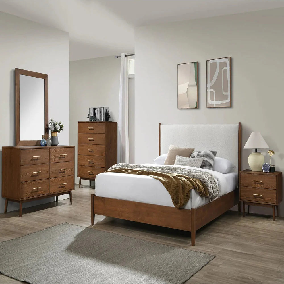 Thusis Mid-Century Modern Walnut and Beige Boucle Upholstered 4-Piece Queen Bedroom Set