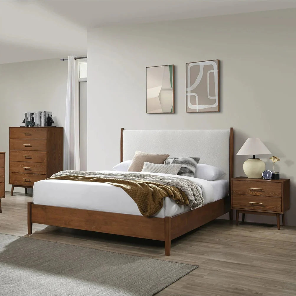 Thusis Mid-Century Modern Walnut and Beige E. King Platform Bed