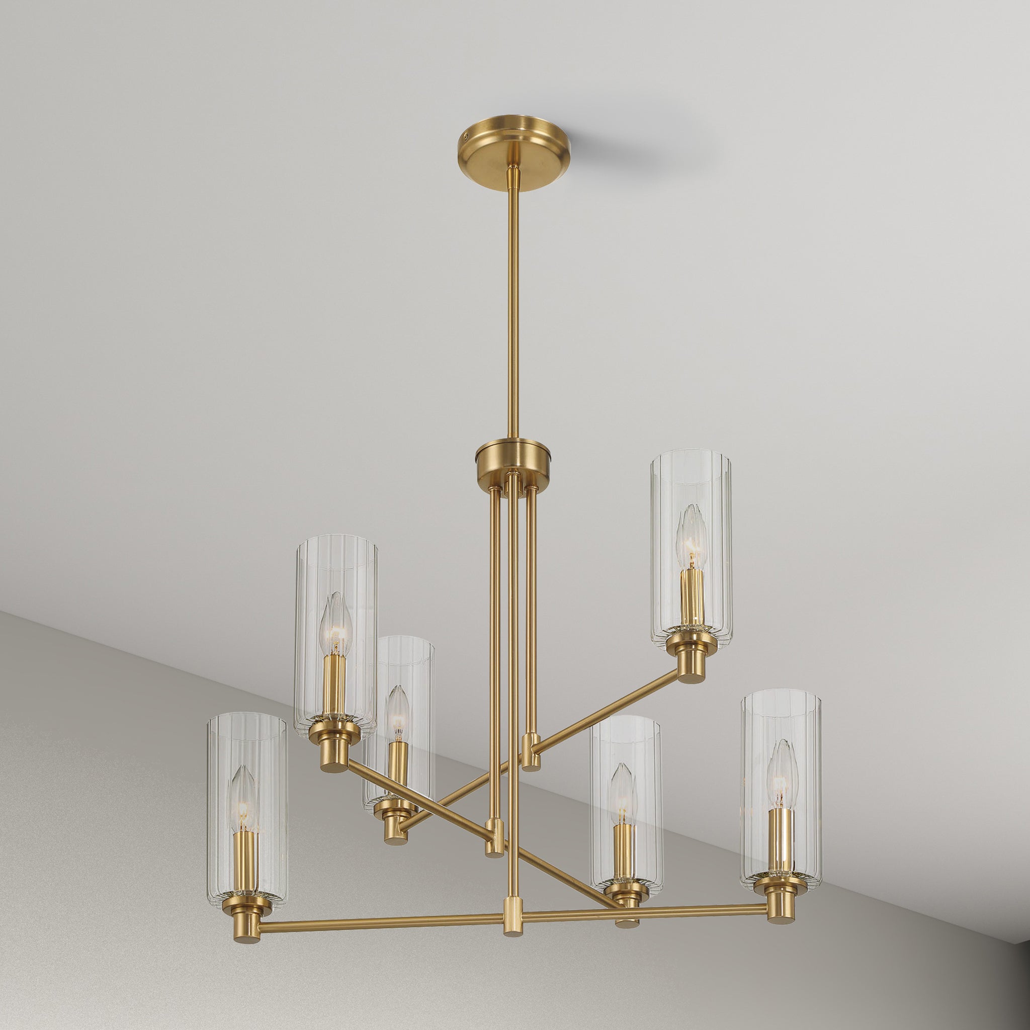 Rondo Six Lights Chandelier With Clear Ribbed Glass - Satin Brass