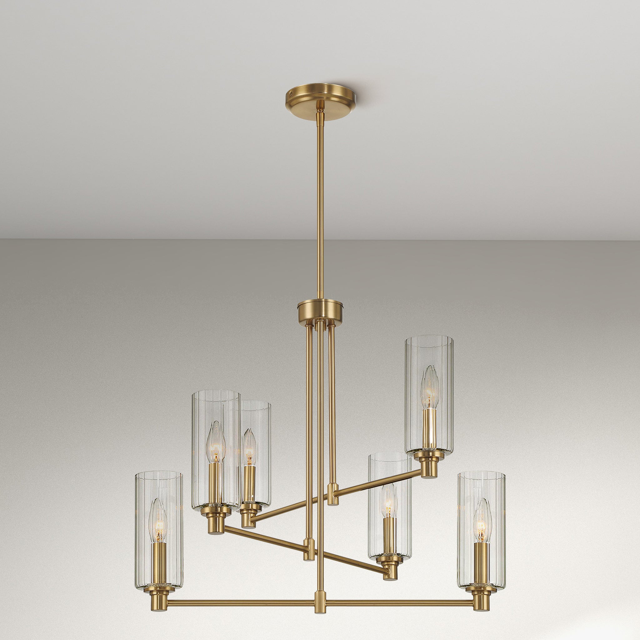 Rondo Six Lights Chandelier With Clear Ribbed Glass - Satin Brass