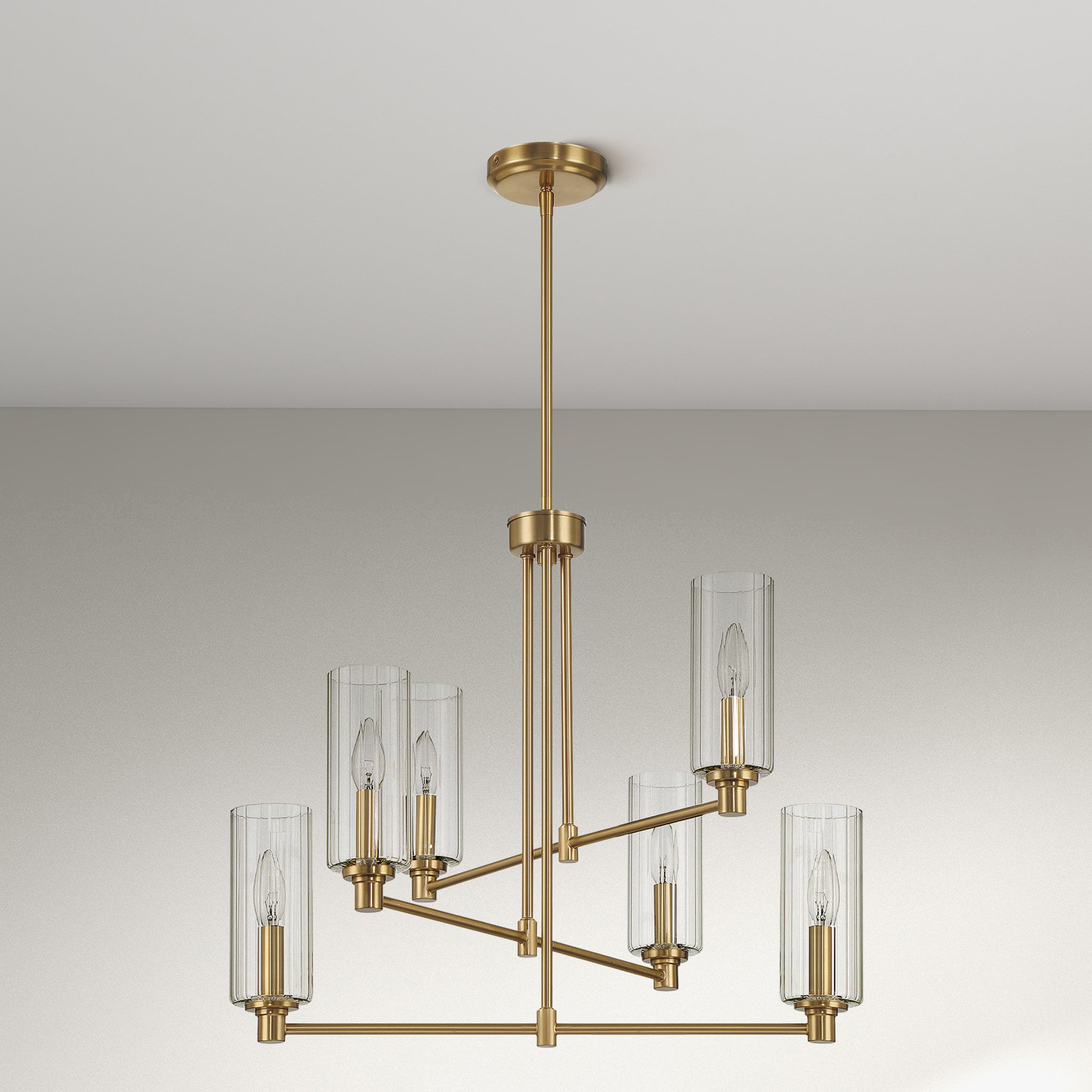 Rondo Six Lights Chandelier With Clear Ribbed Glass - Satin Brass