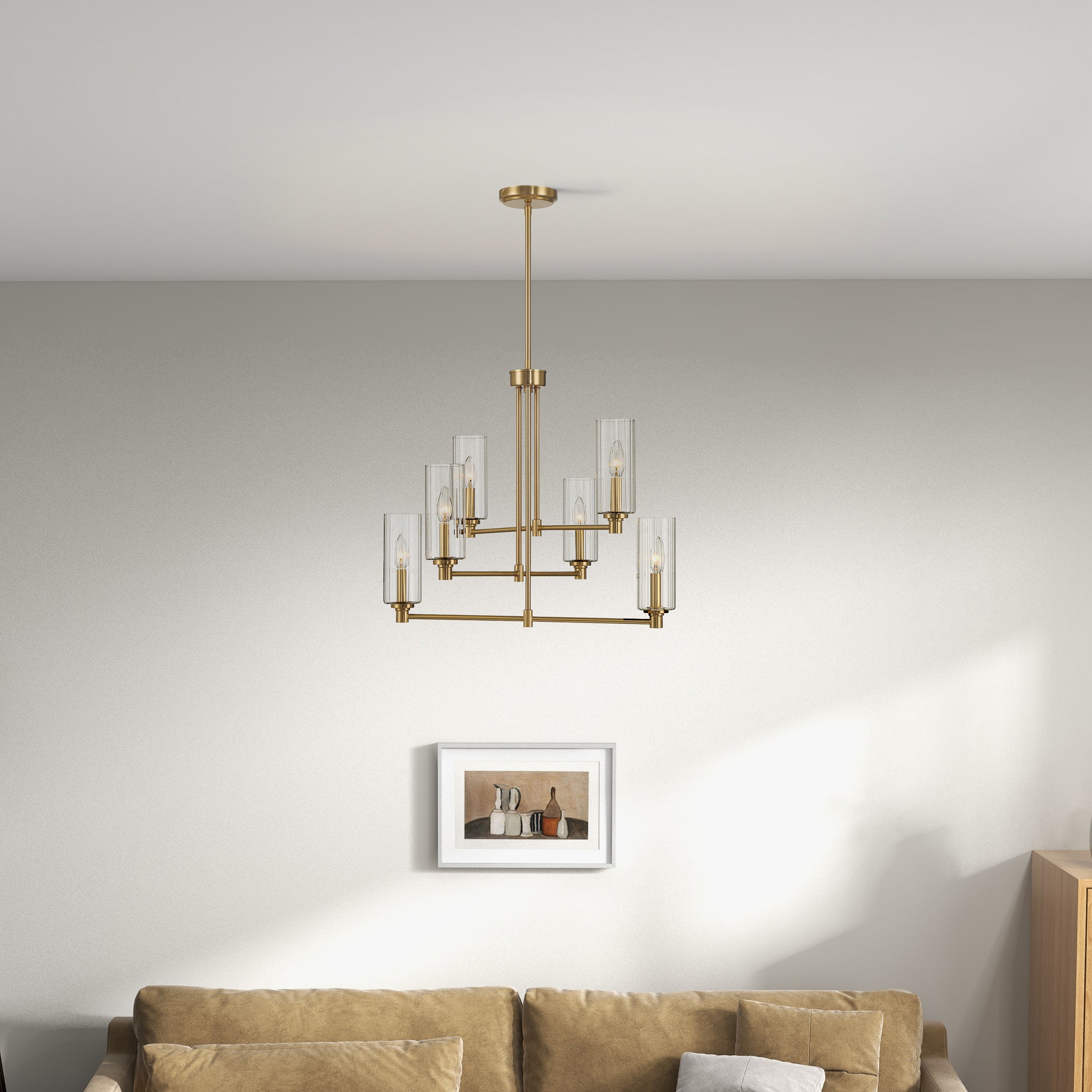 Rondo Six Lights Chandelier With Clear Ribbed Glass - Satin Brass