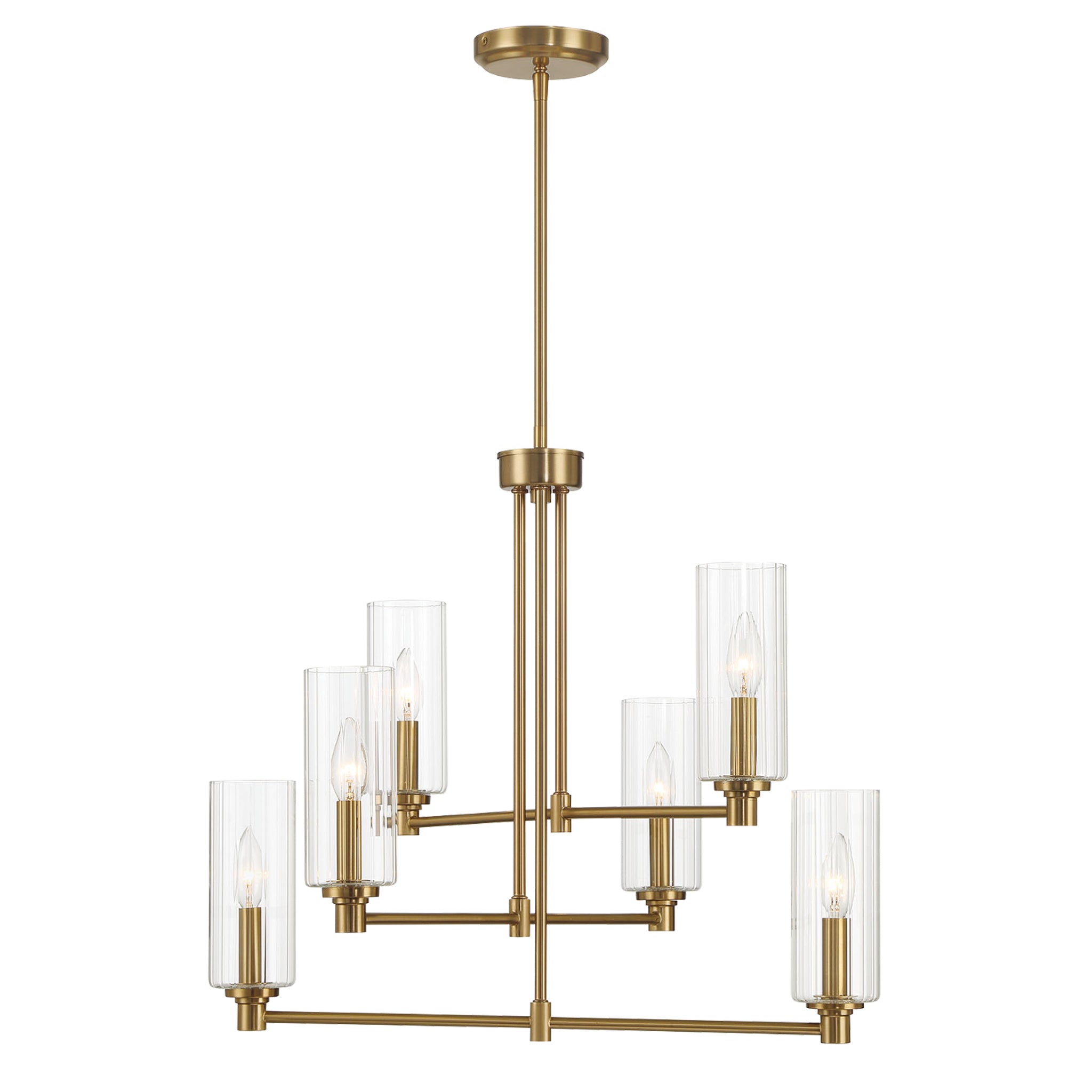 Rondo Six Lights Chandelier With Clear Ribbed Glass - Satin Brass