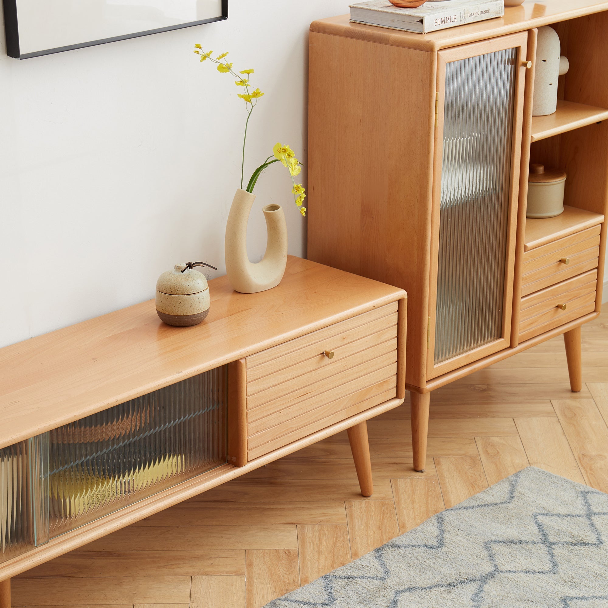 Trinell North America A Grade Solid Beech TV Cabinet With Chinese Changhong Glass Doors