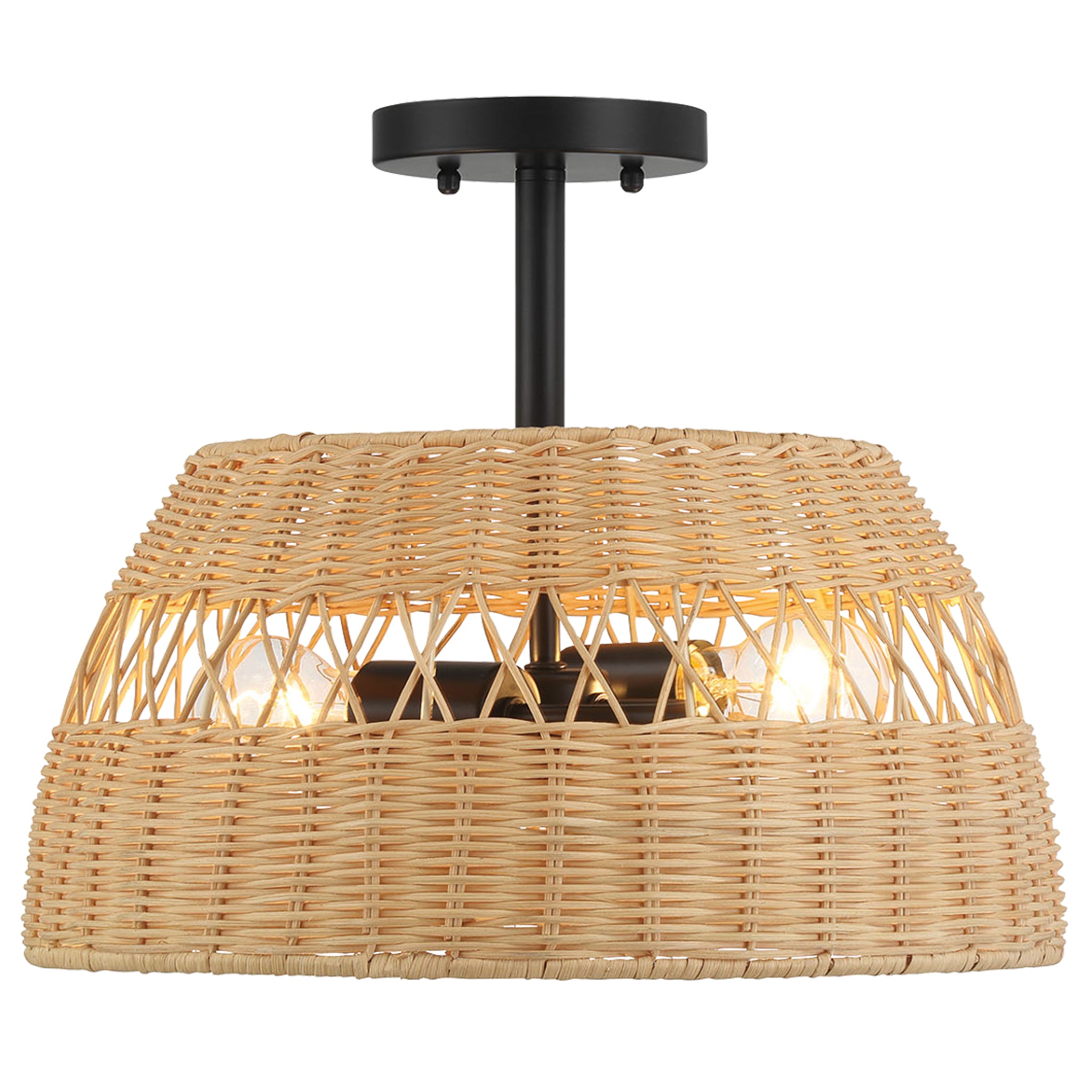 Swan Double Lights Semi Flush With Rattan Shade Black Metal Finish for Farmhouse Style