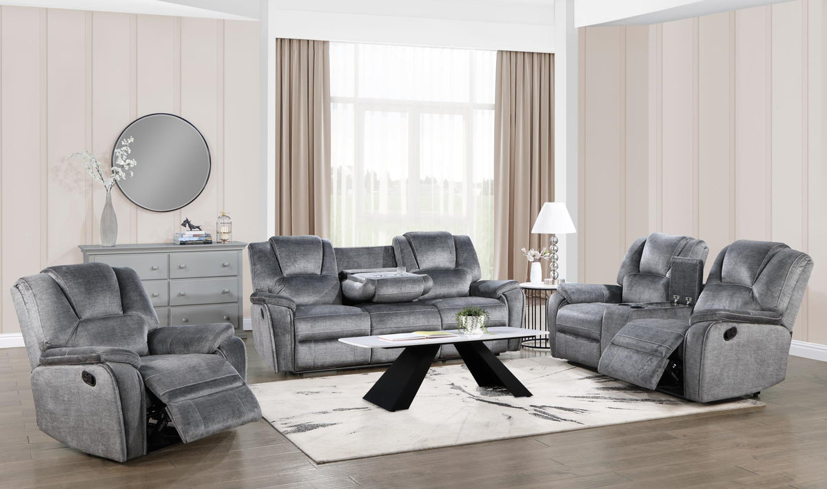 Gray Motion Sofa & Loveseat with Bluetooth Console