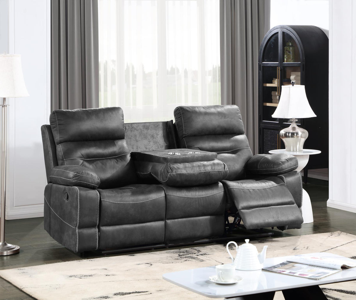 Gray Motion Sofa with Drop-Down Table