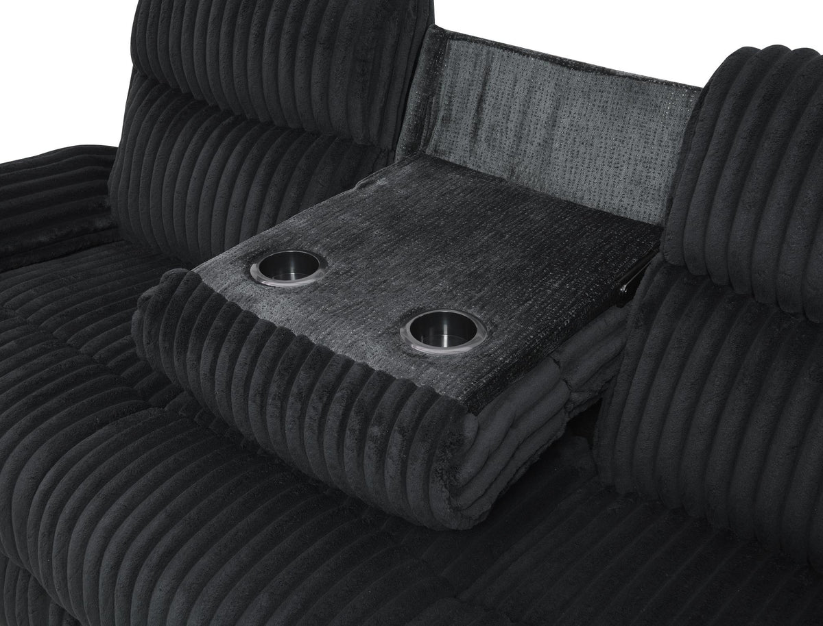 Black Corduroy Motion Sofa with Drop-Down Table