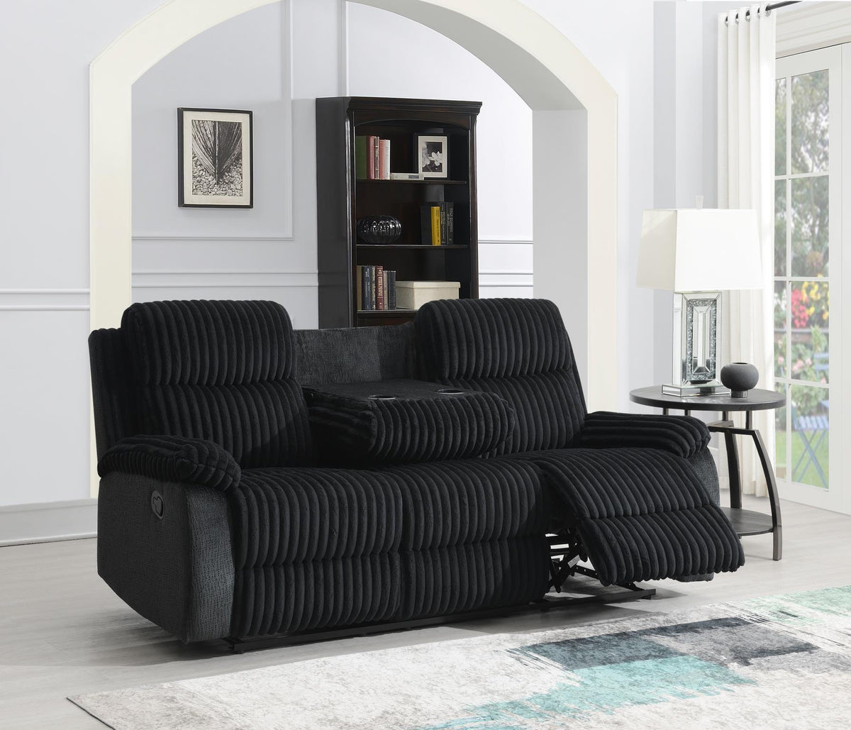 Black Corduroy Motion Sofa with Drop-Down Table