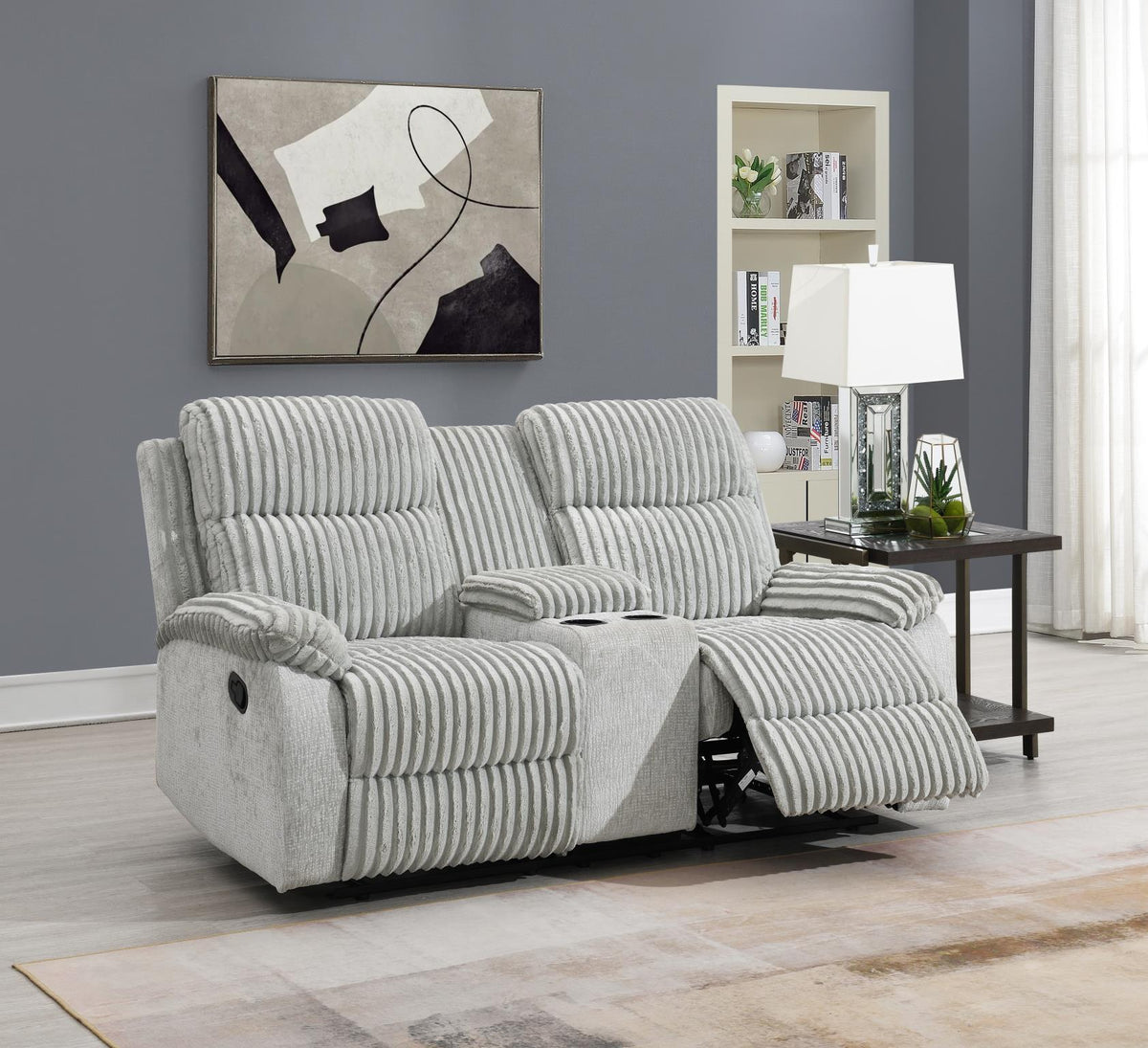 Gray Corduroy Motion Sofa with Drop-Down Table
