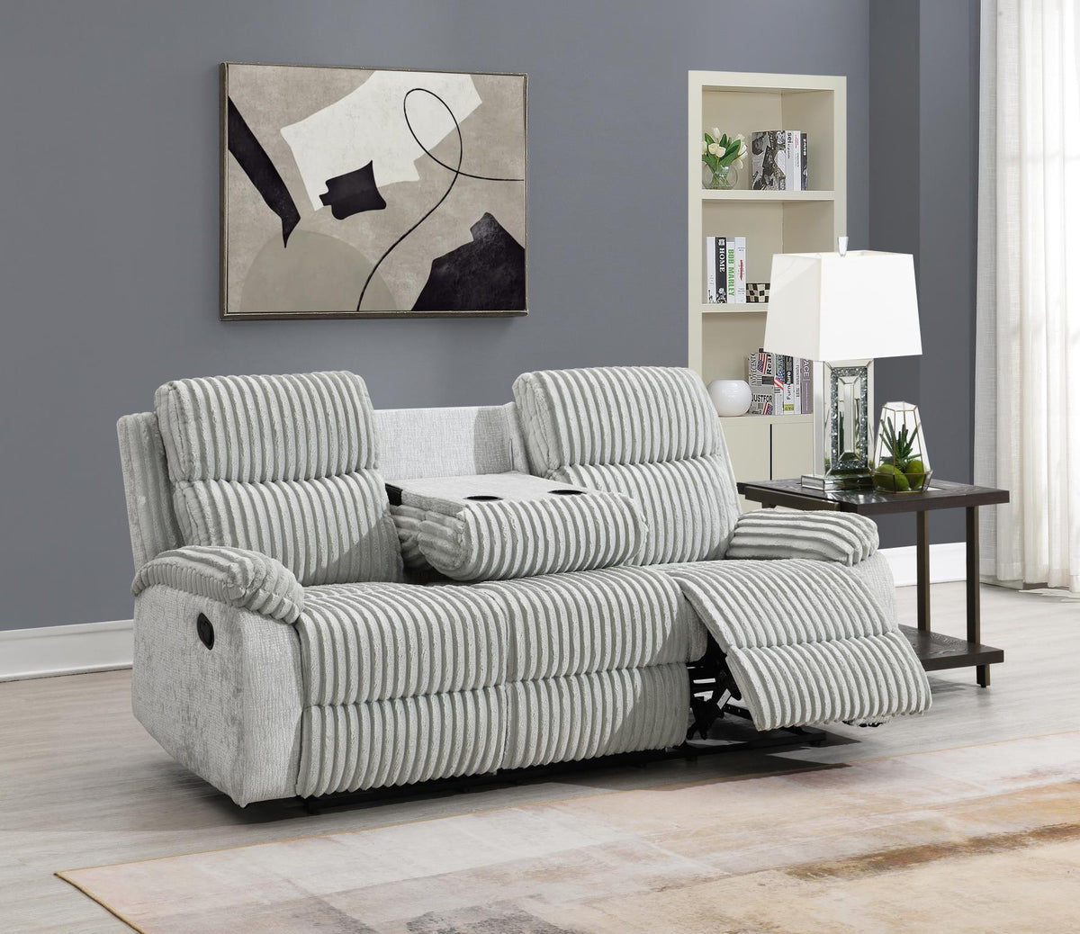 Gray Corduroy Motion Sofa with Drop-Down Table