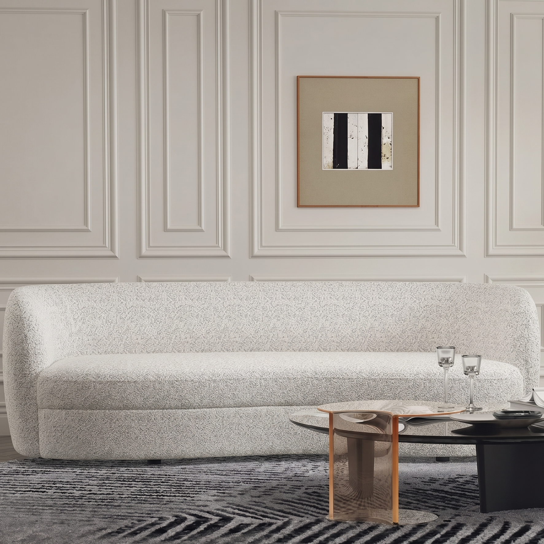 Versoix Contemporary Off-White Boucle 84-Inch Curved Kidney Sofa