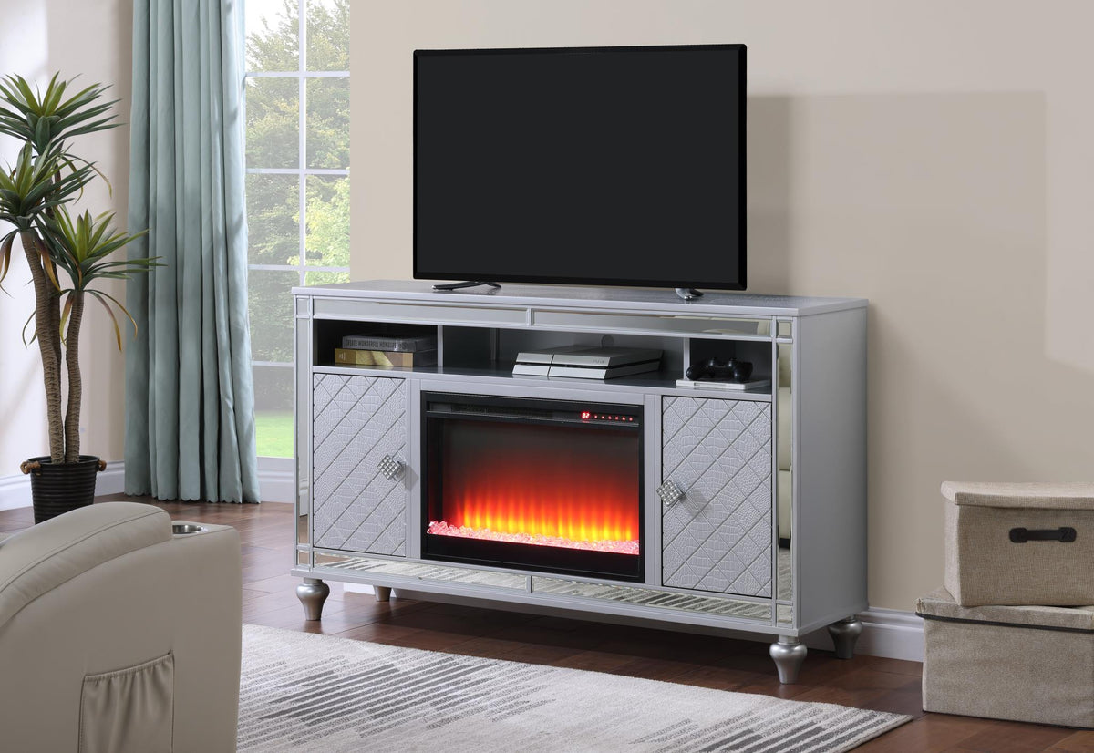 Silver TV Stand with Optional Fireplace Insert