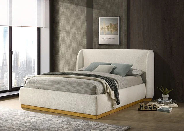 Whitman White Boucle/Natural Oak Upholstered E. King Bed