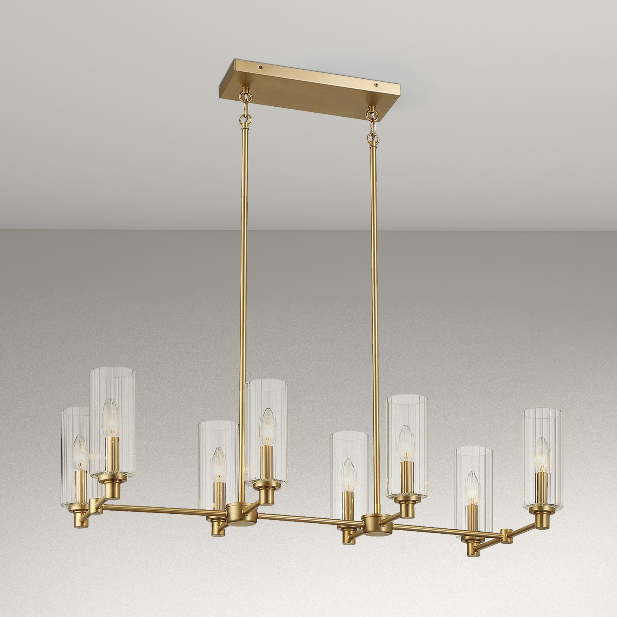 Zara Eight Lights Island With Clear Ribbed Glass Pendant Lamp - Satin Brass