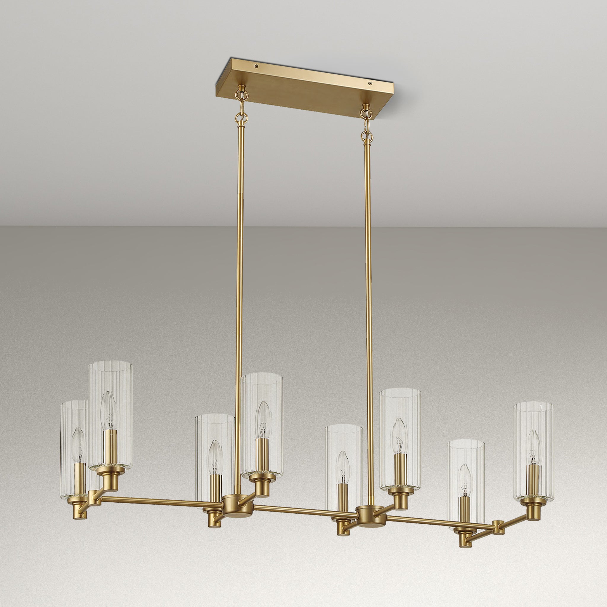 Zara Eight Lights Island With Clear Ribbed Glass Pendant Lamp - Satin Brass