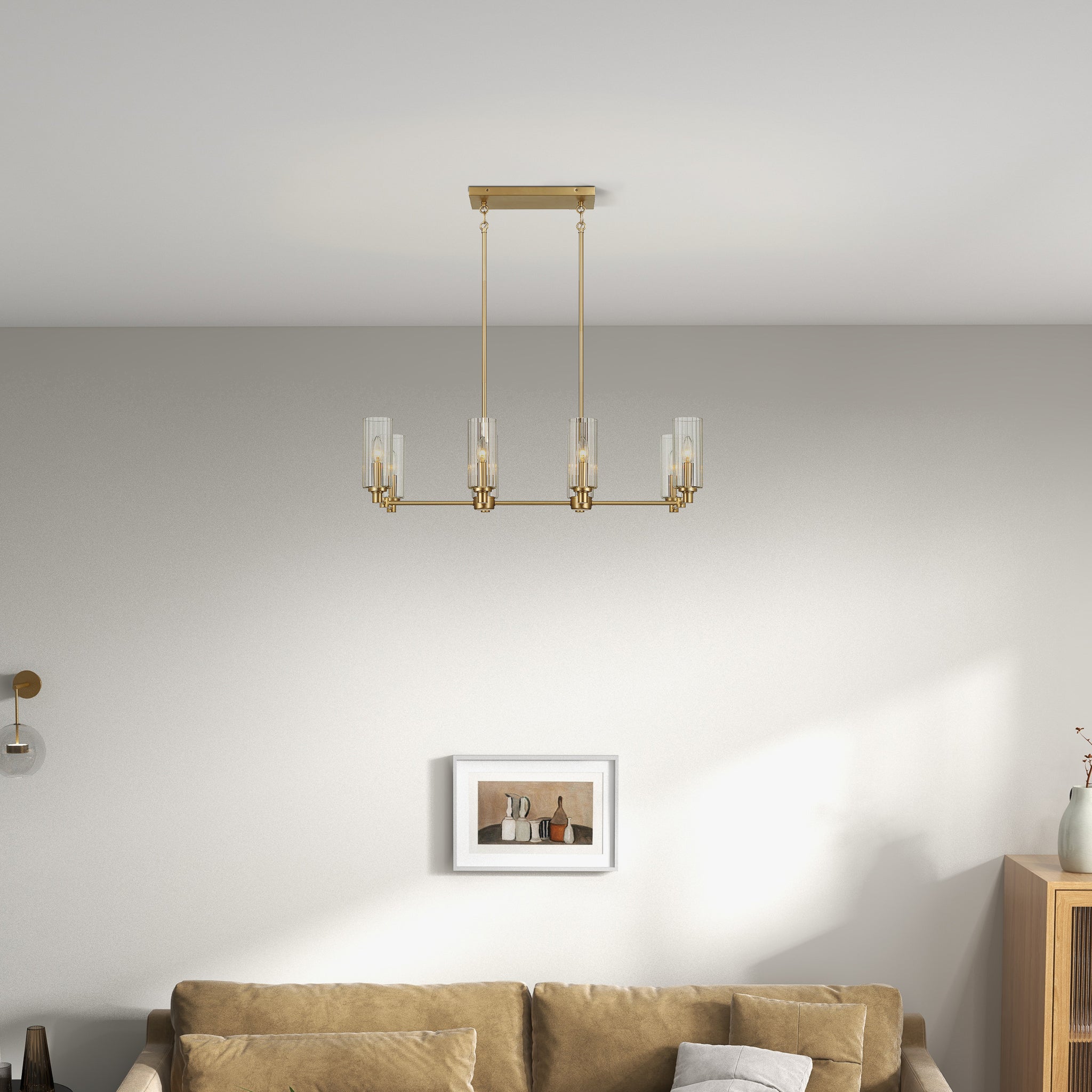 Zara Eight Lights Island With Clear Ribbed Glass Pendant Lamp - Satin Brass