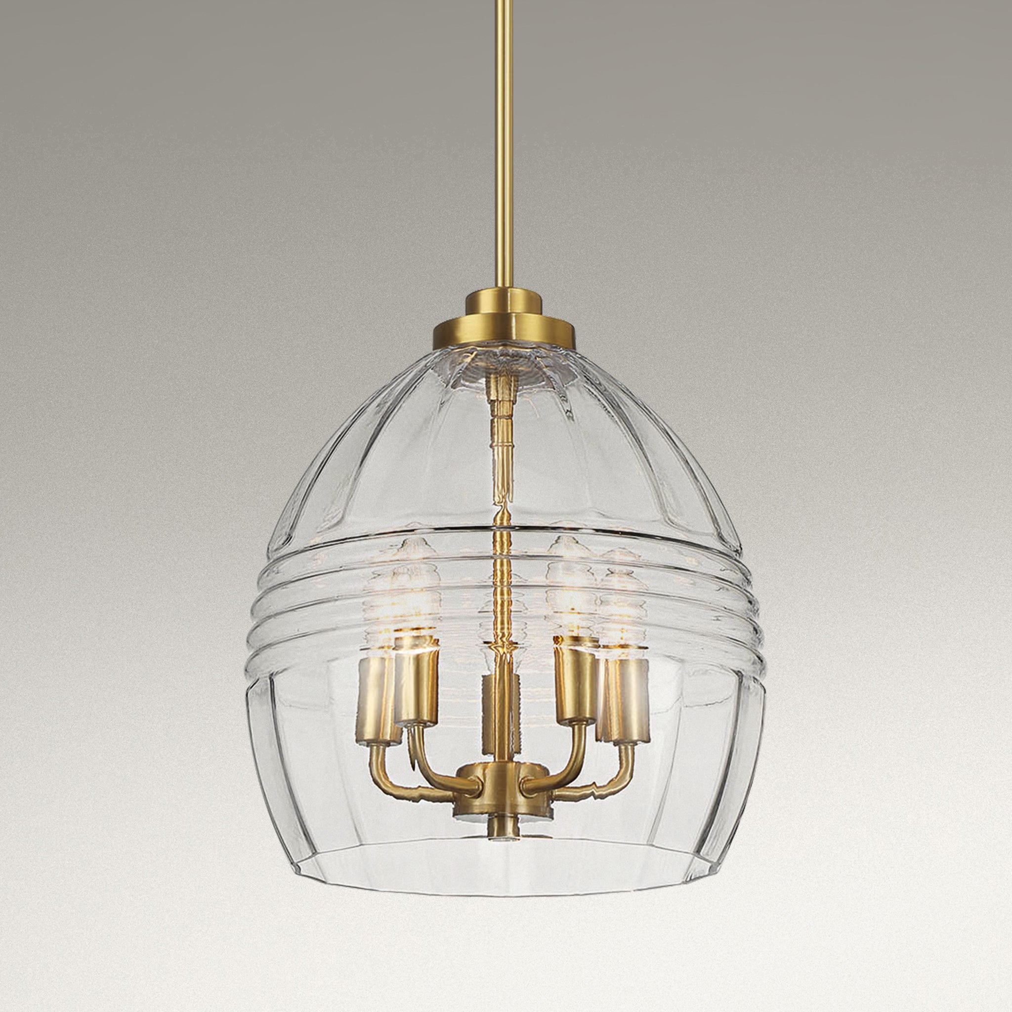 Fusion Five Pendant Chain Hanging Light with Clear Glass - Satin Brass