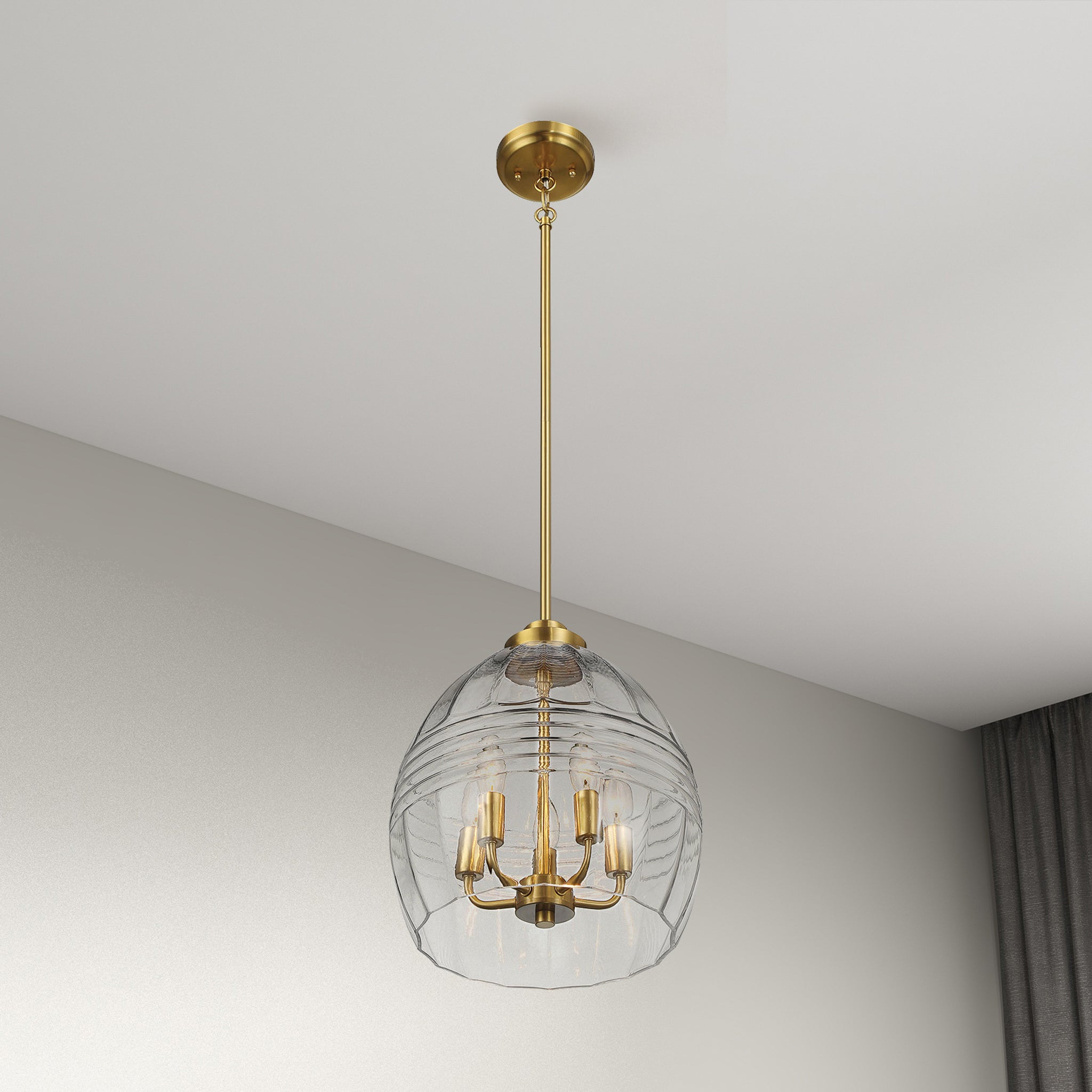 Fusion Five Pendant Chain Hanging Light with Clear Glass - Satin Brass