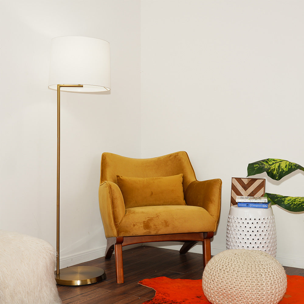 Zen Offset Brass Base Floor Lamp with Drum-shaped Linen Shade