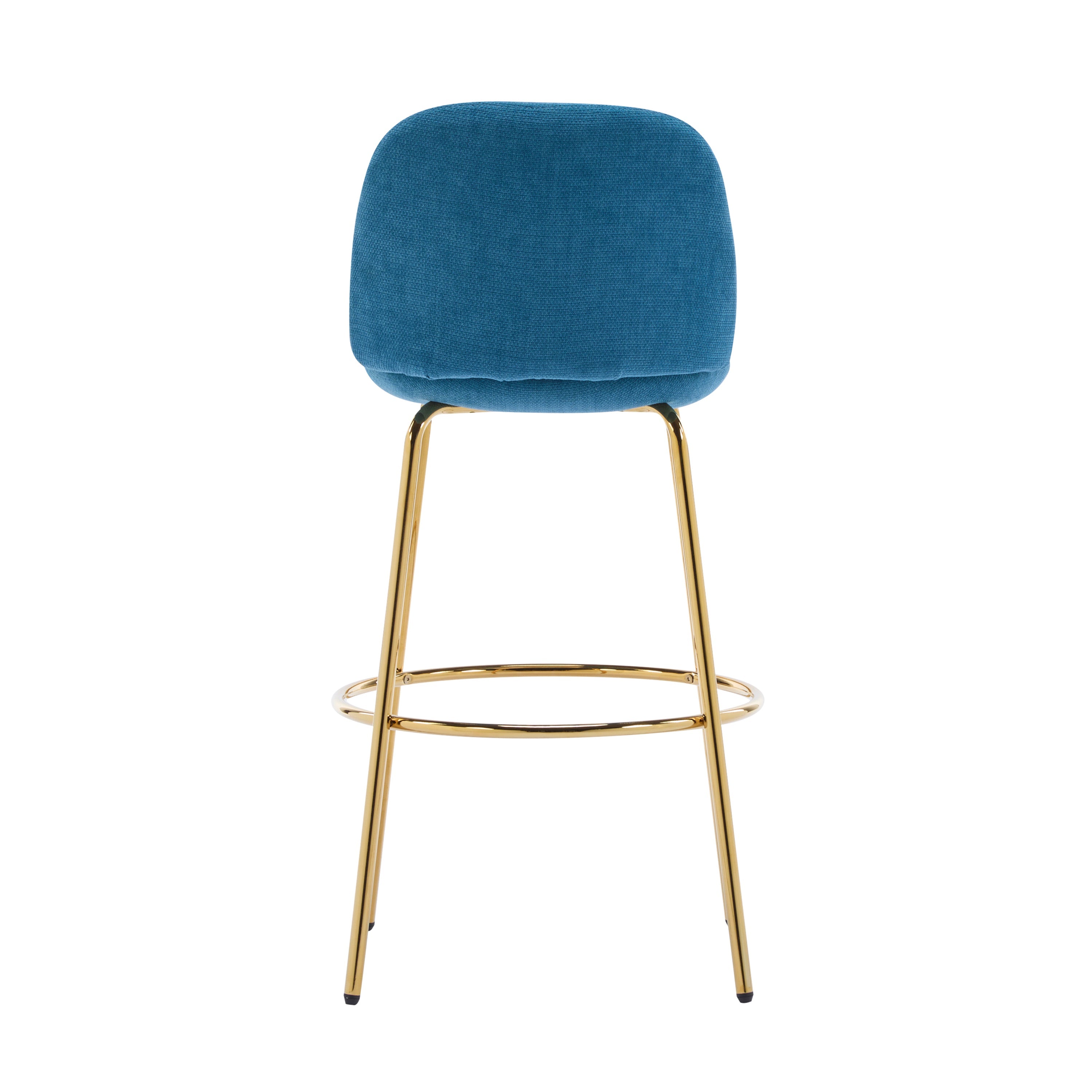 Rio Claro Indoor Metal Upholstered Barstool with Gold Finished Frame and Blue Upholstery, Set of 2
