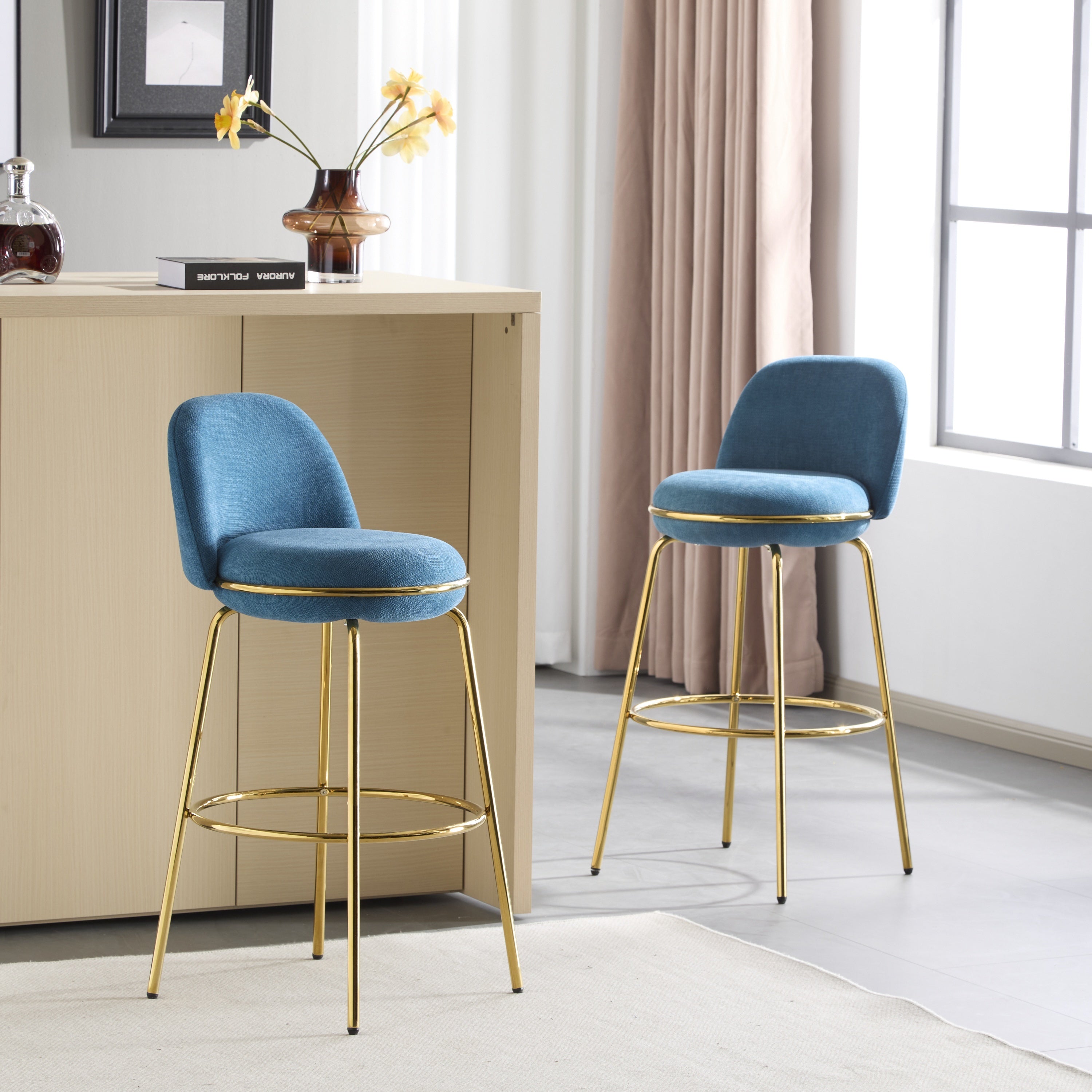 Rio Claro Indoor Metal Upholstered Barstool with Gold Finished Frame and Blue Upholstery, Set of 2