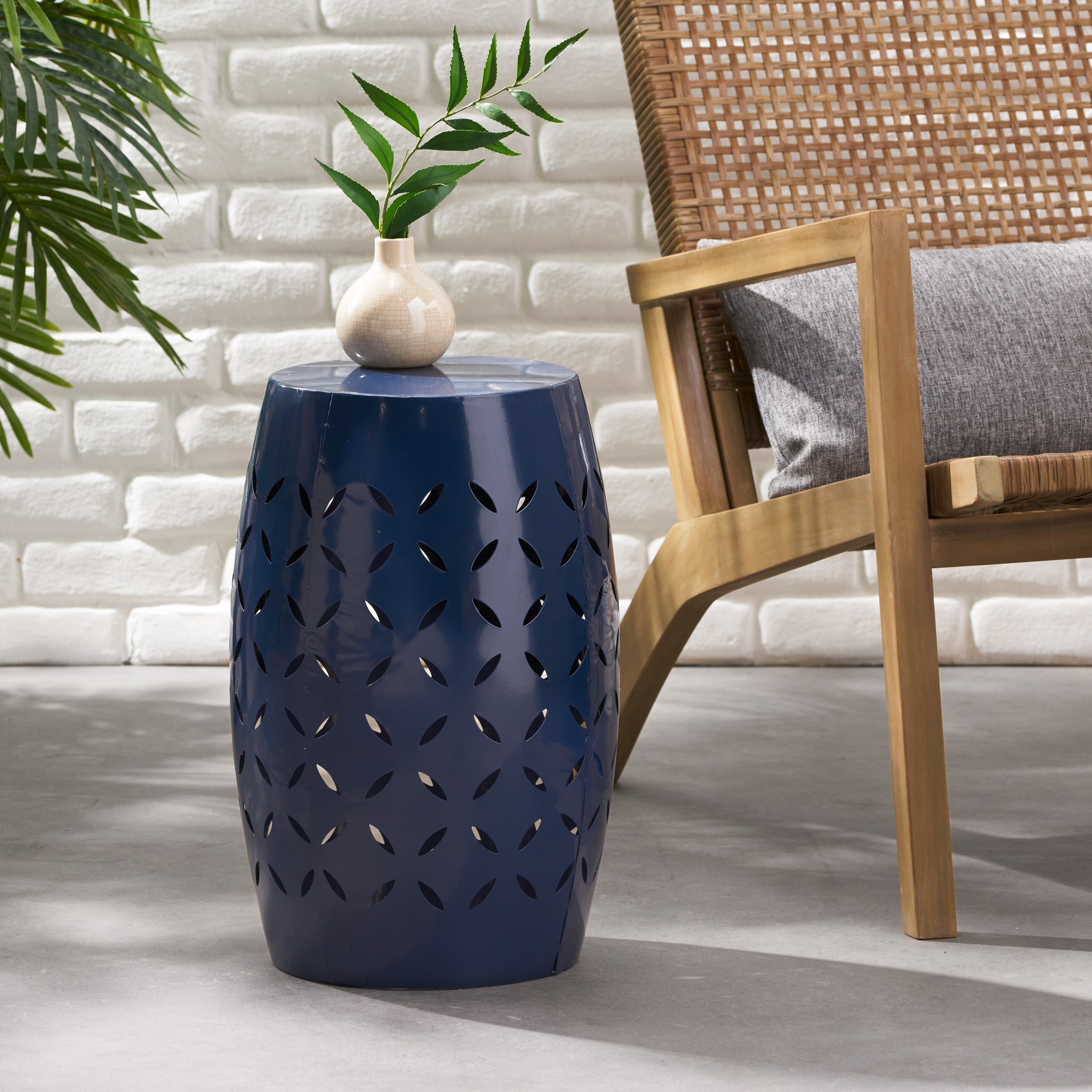 Lace-Cut Outdoor Side Table Patio Accent - Navy Blue