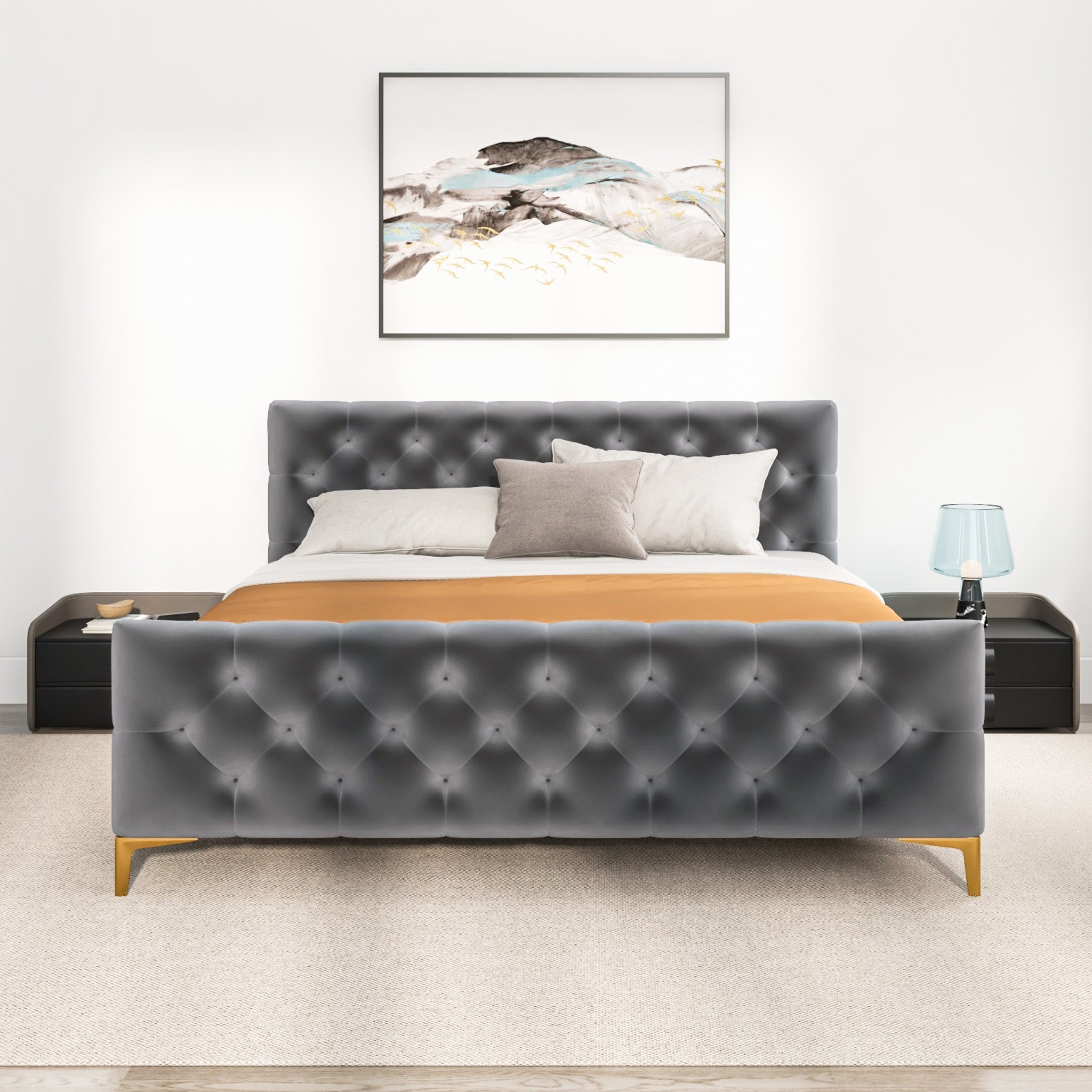 Beverly King Dark Grey Velvet Platform Bed