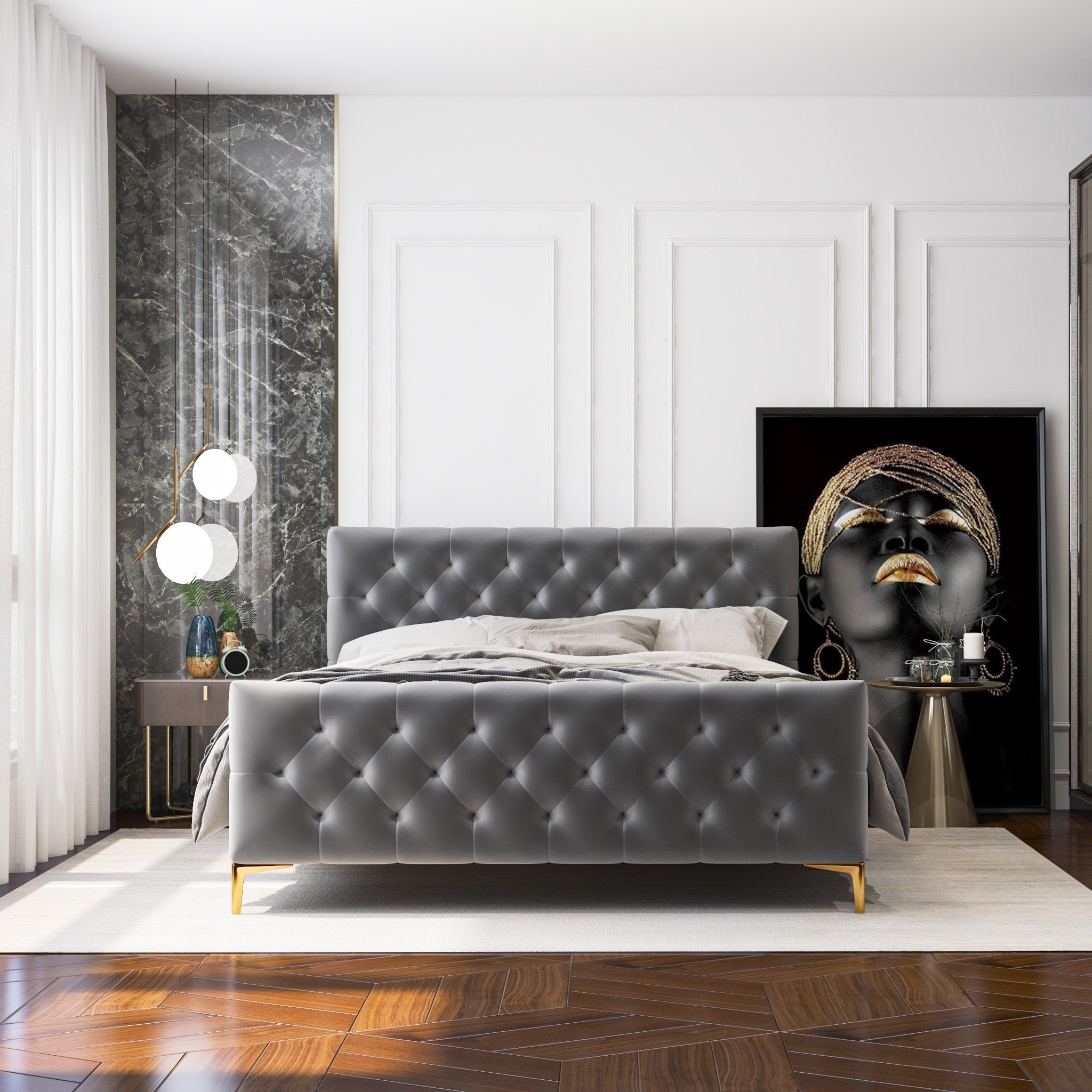 Beverly Queen Dark Grey Velvet Platform Bed