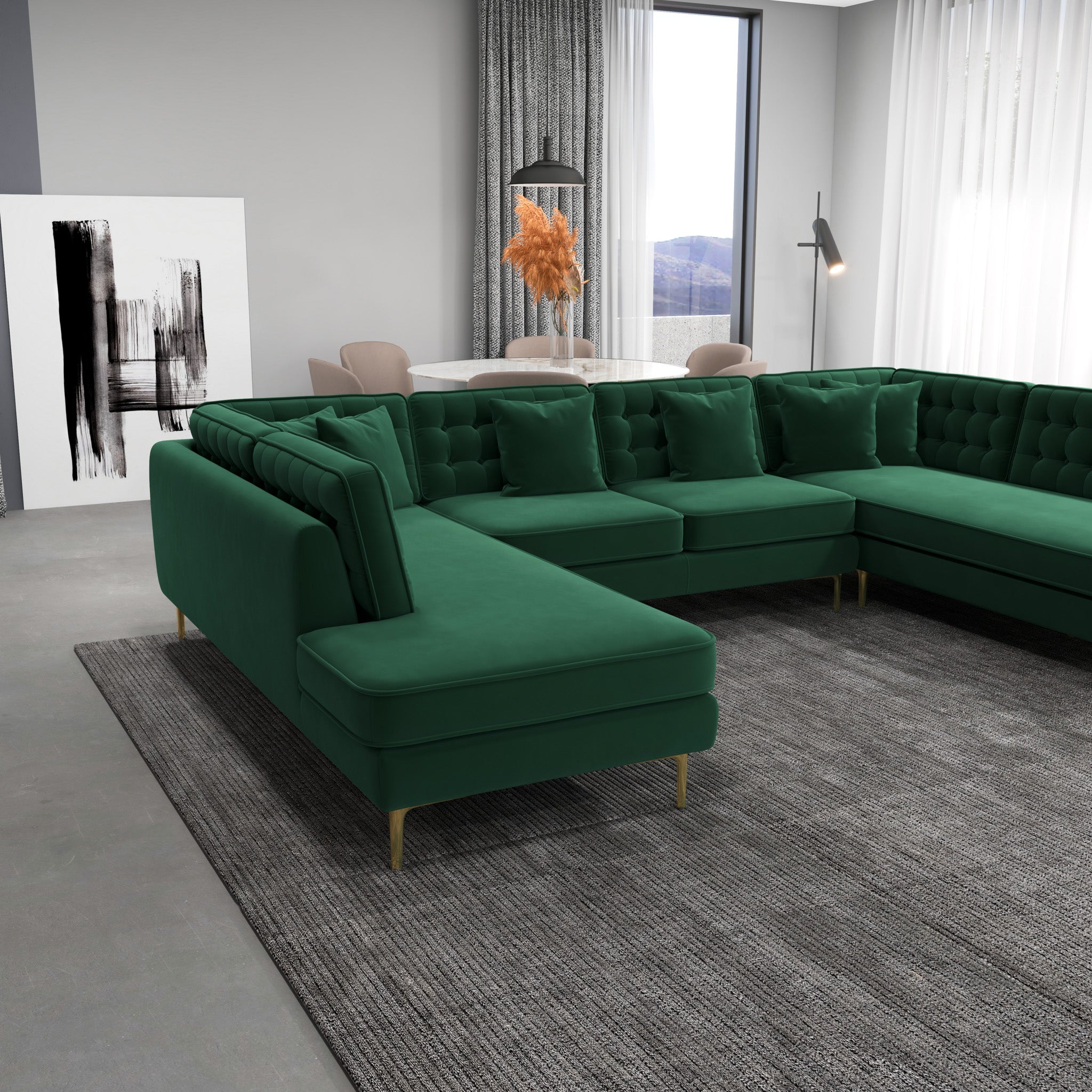 Caleb Dark Green Velvet U Shape Corner Sofa