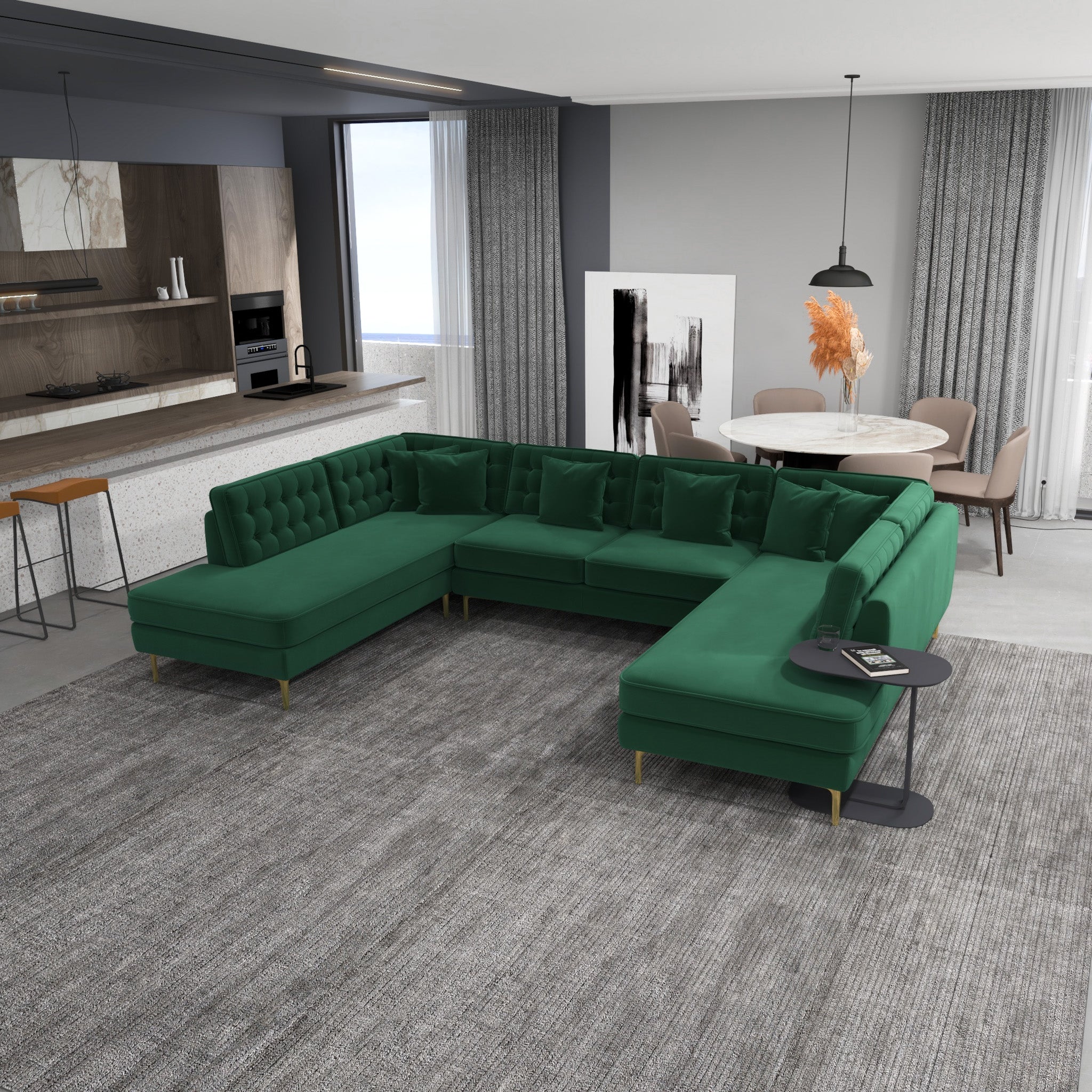 Caleb Dark Green Velvet U Shape Corner Sofa