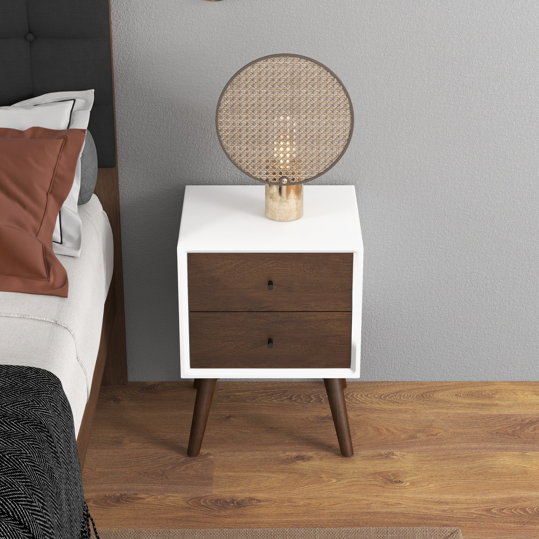 Noak White Walnut Mid Century Modern Style Nightstand