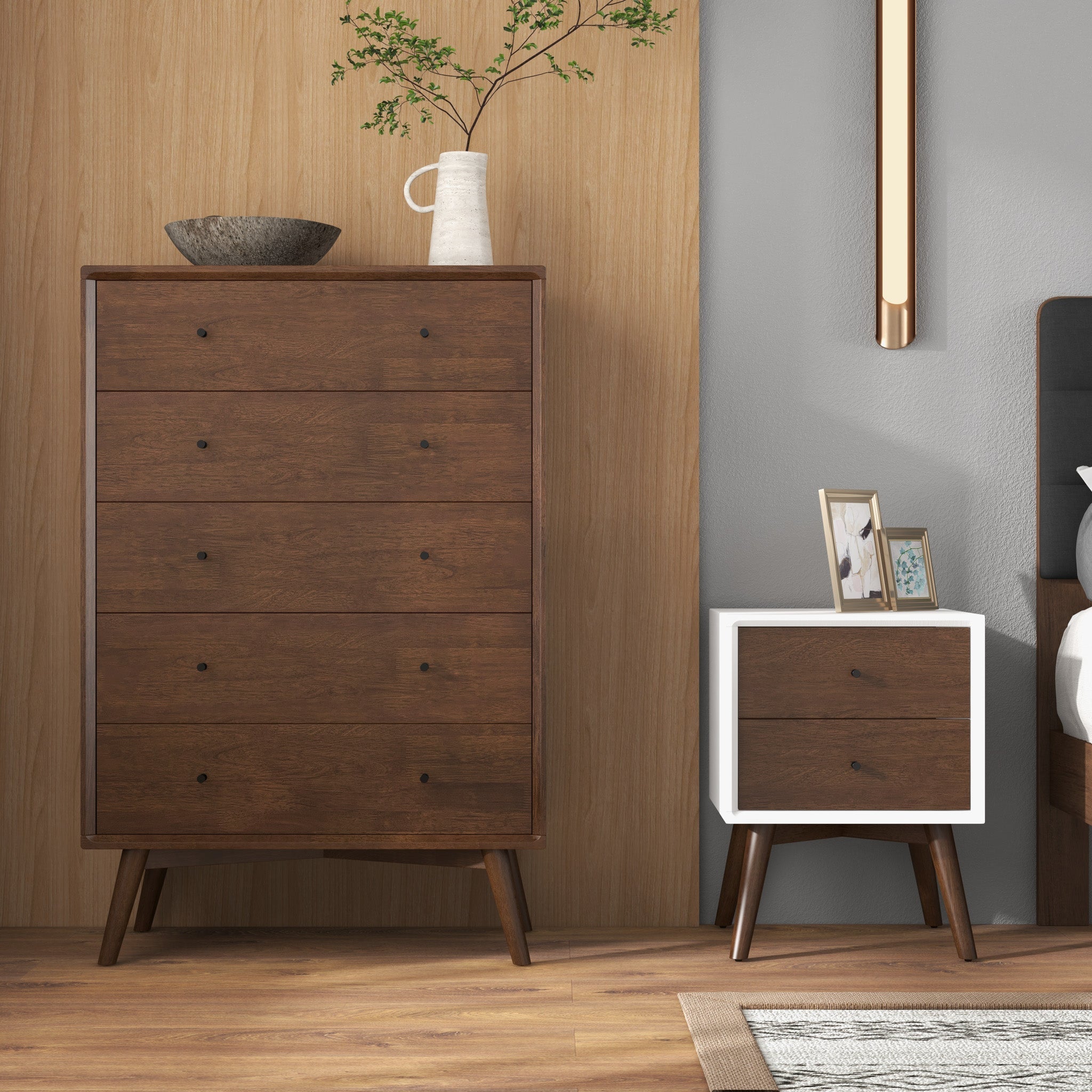 Noak White Walnut Mid Century Modern Style Nightstand
