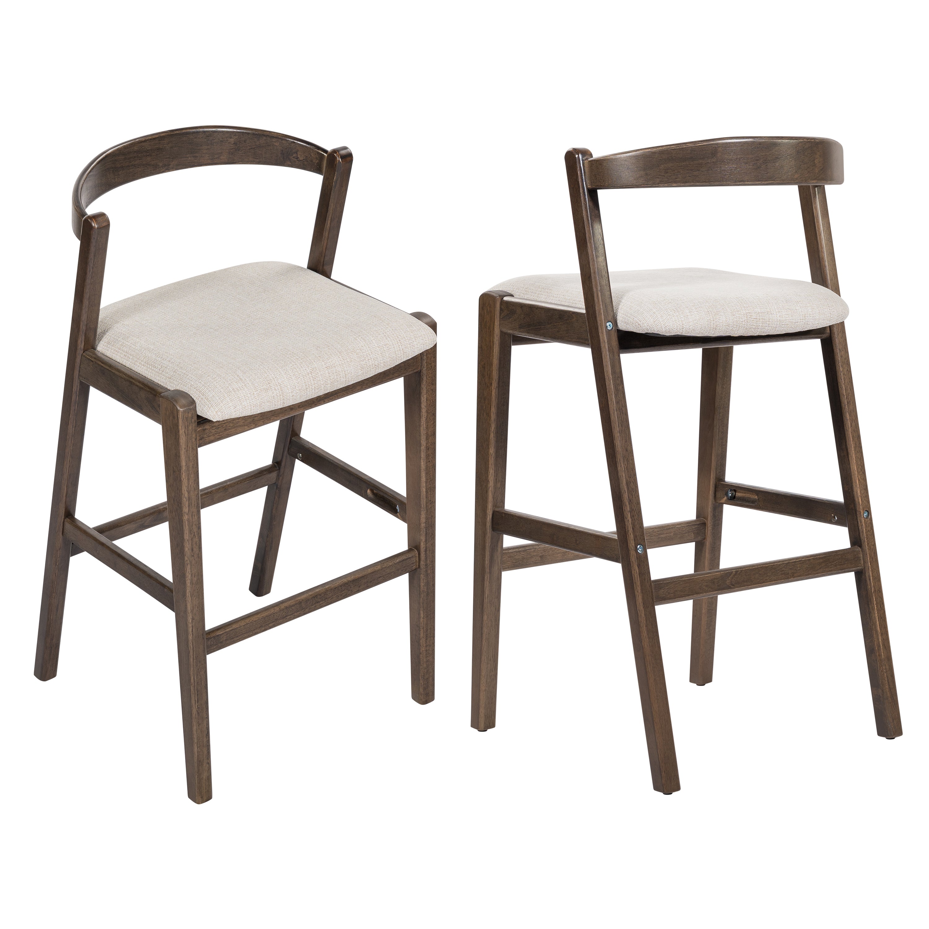 Balmain Indoor Rubberwood Barstool, Dark Brown Finished and Beige Upholstery, Set of 2