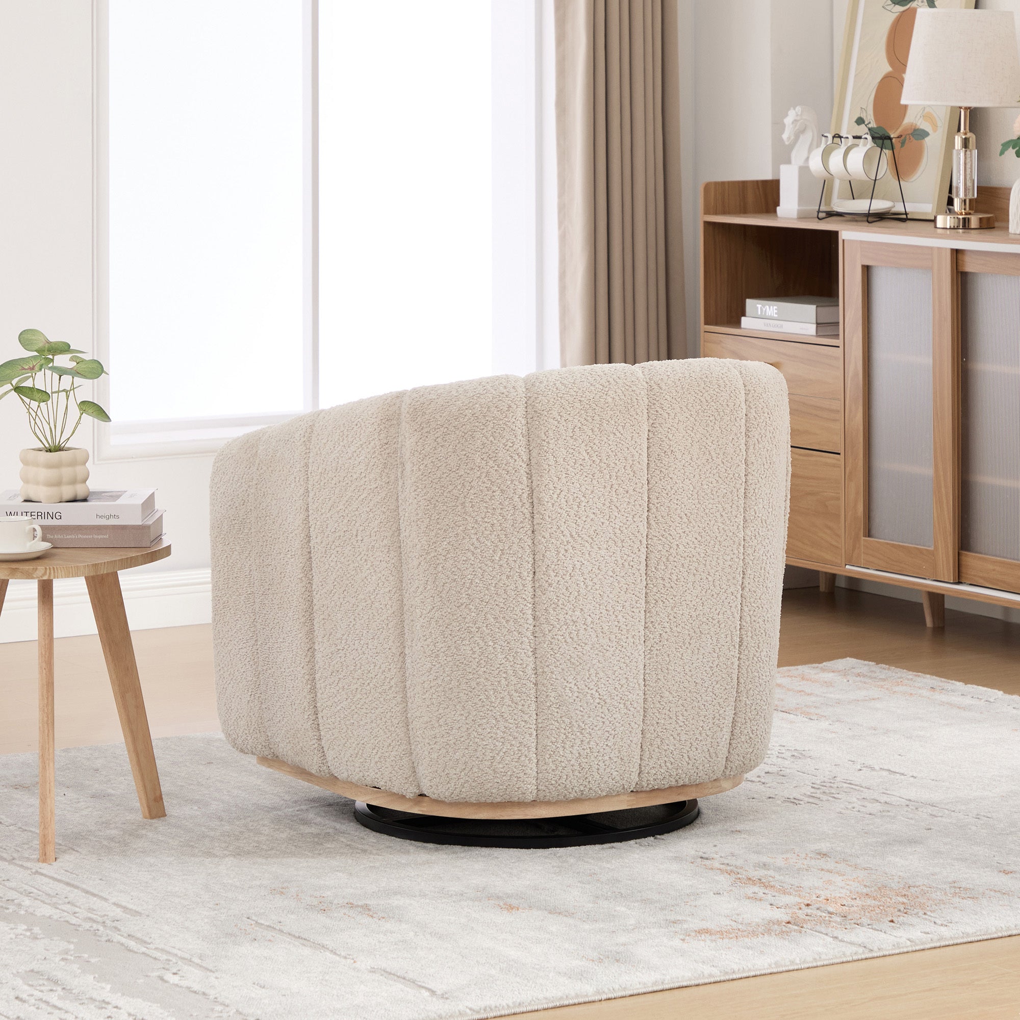 Eaton Wheat Swivel Barrel Chair with Metal Base and Tufted-Chenille Upholstery