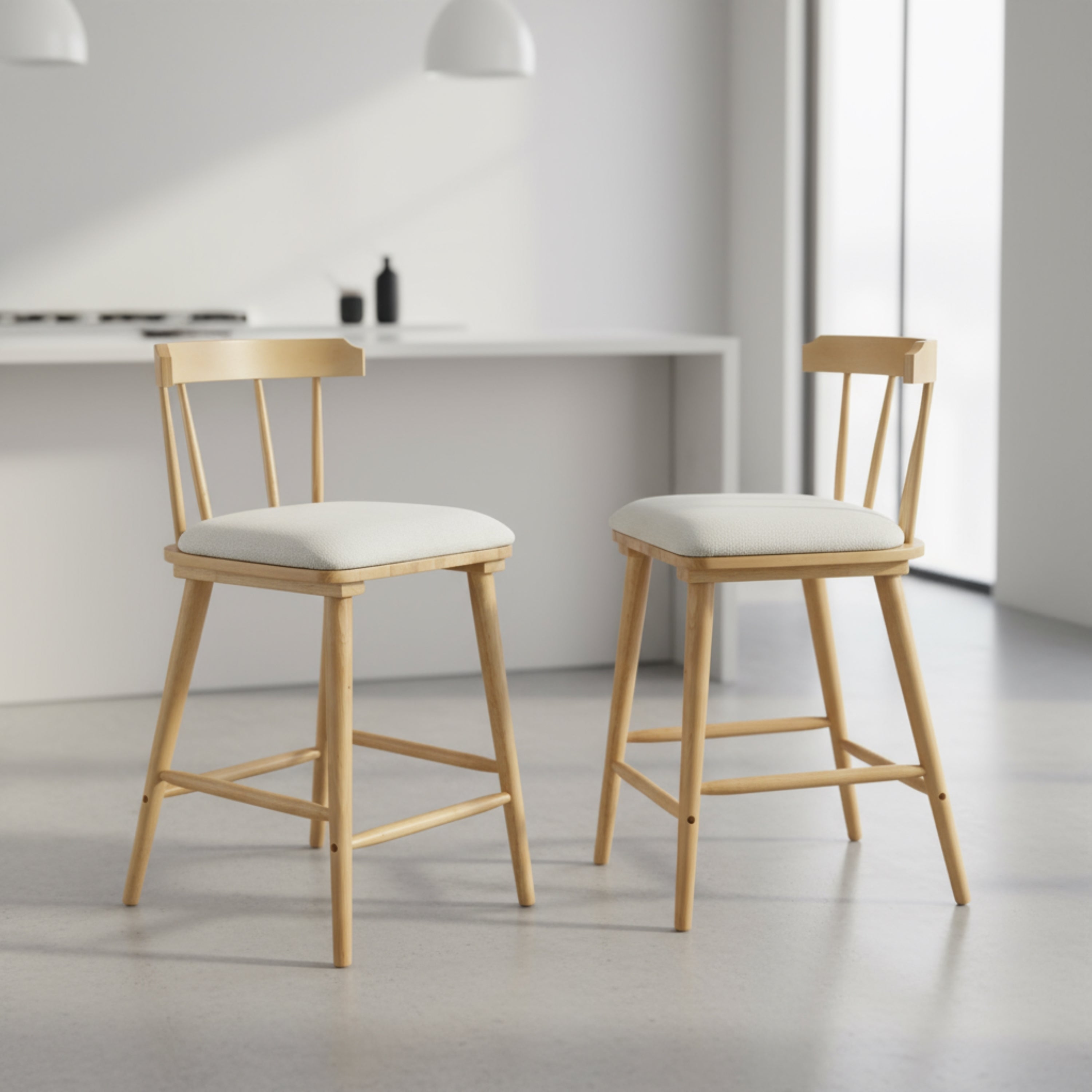 Olivia Indoor Wooden Upholstered Counter Stool, Natural Finish with Beige Upholstery, Windsor Style, Set of 2