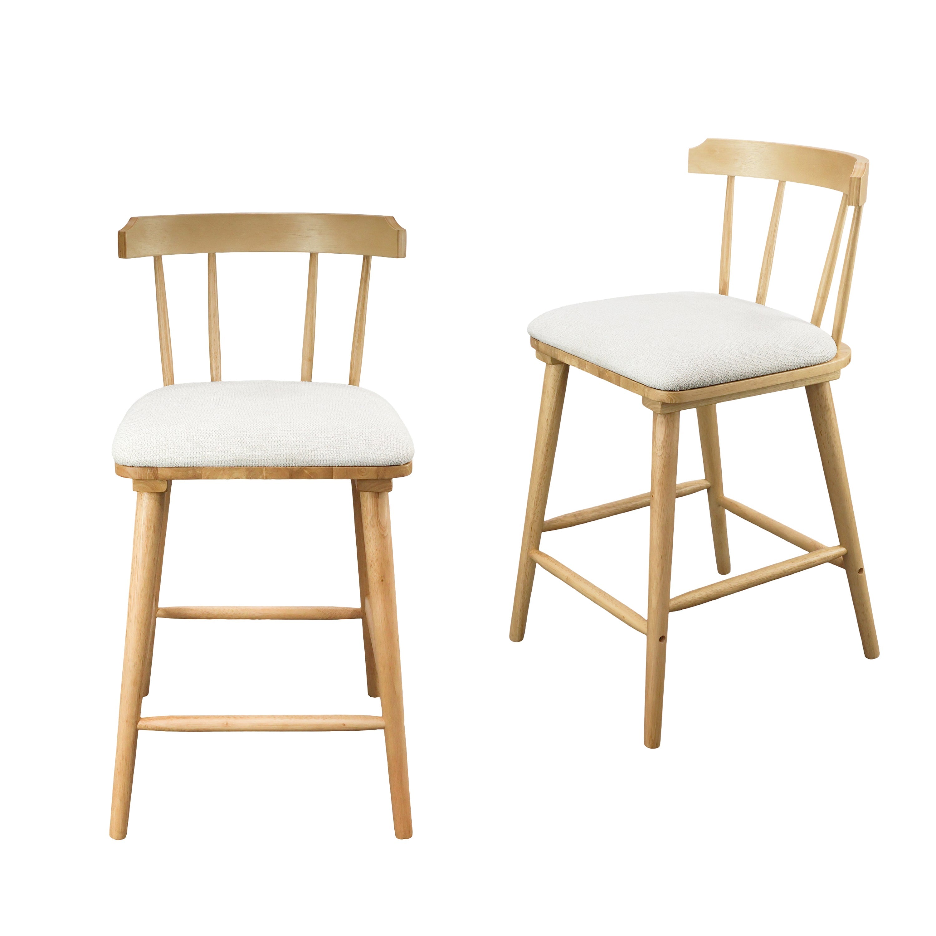 Olivia Indoor Wooden Upholstered Counter Stool, Natural Finish with Beige Upholstery, Windsor Style, Set of 2