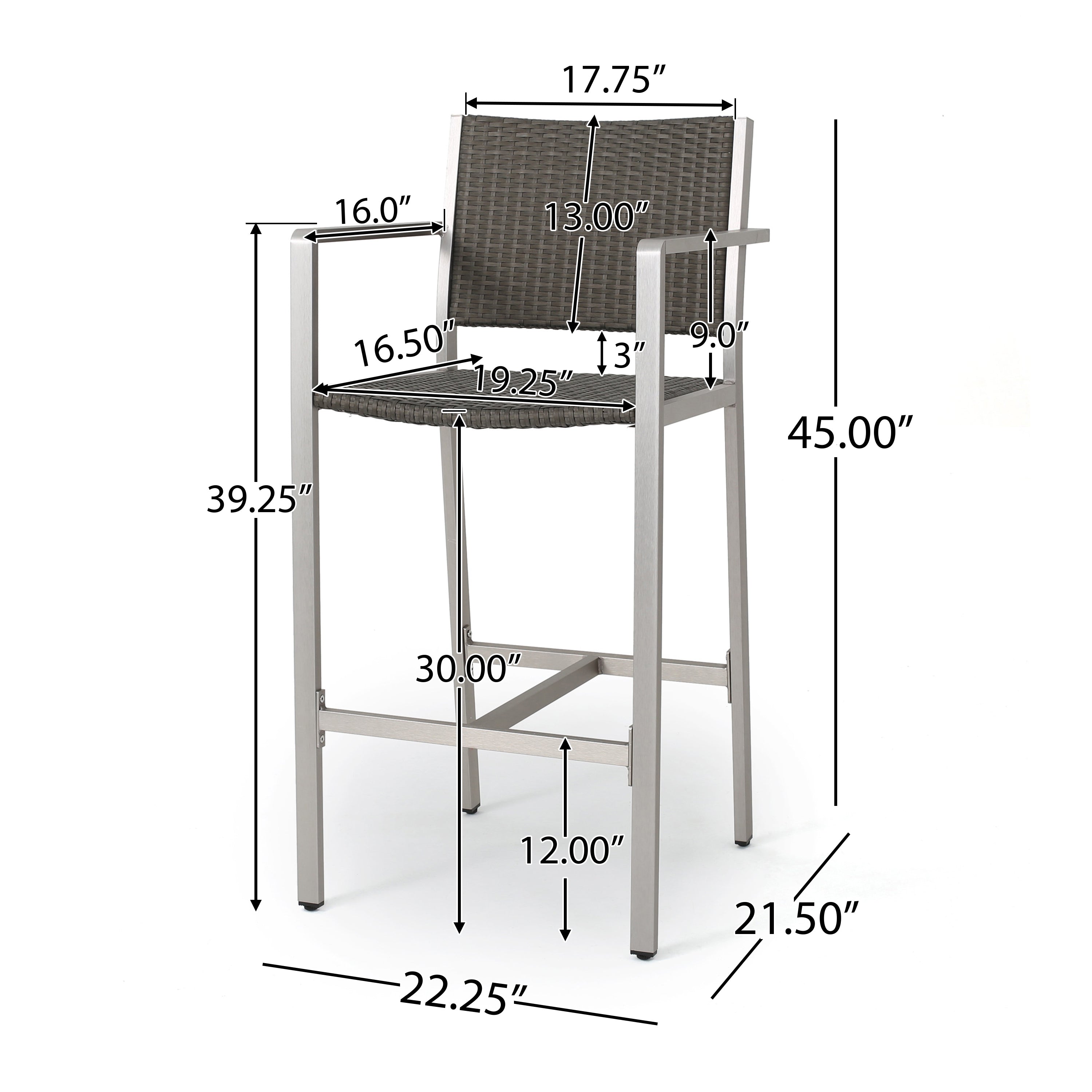 Rust-Proof Outdoor Bar Stool Rattan Frame - Silver
