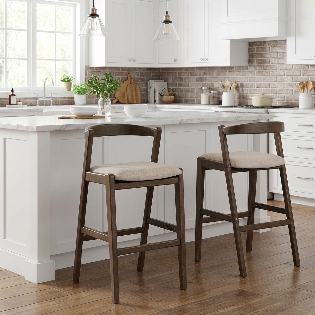 Balmain Indoor Rubberwood Barstool, Dark Brown Finished and Beige Upholstery, Set of 2